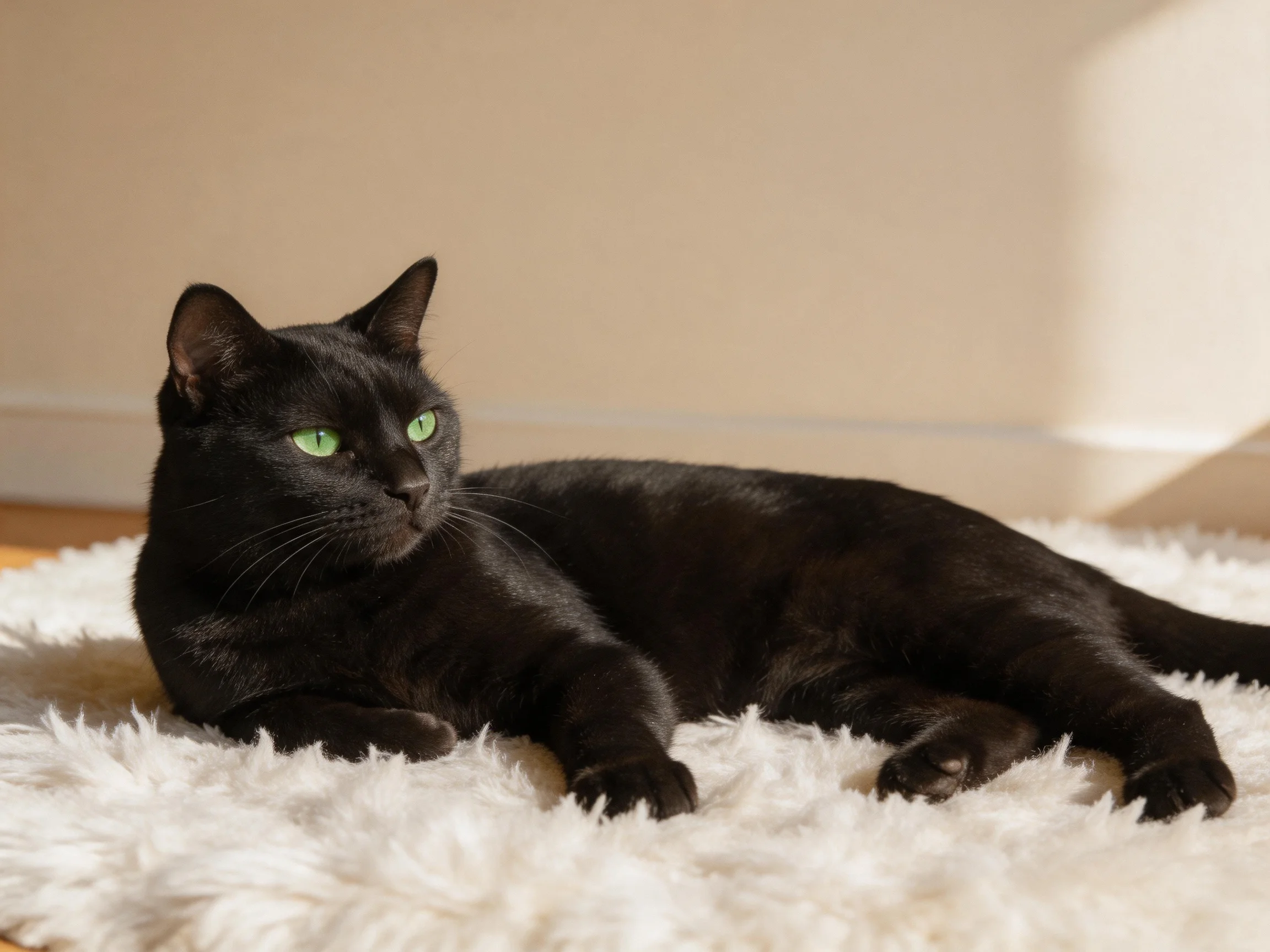 A black cat with green eyes relaxes on an indoor rug