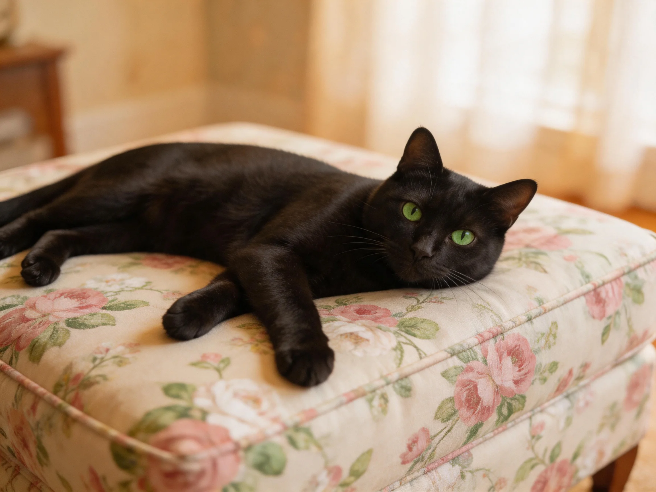 A black cat with vivid green eyes relaxes on a flower-decorated ottoman inside