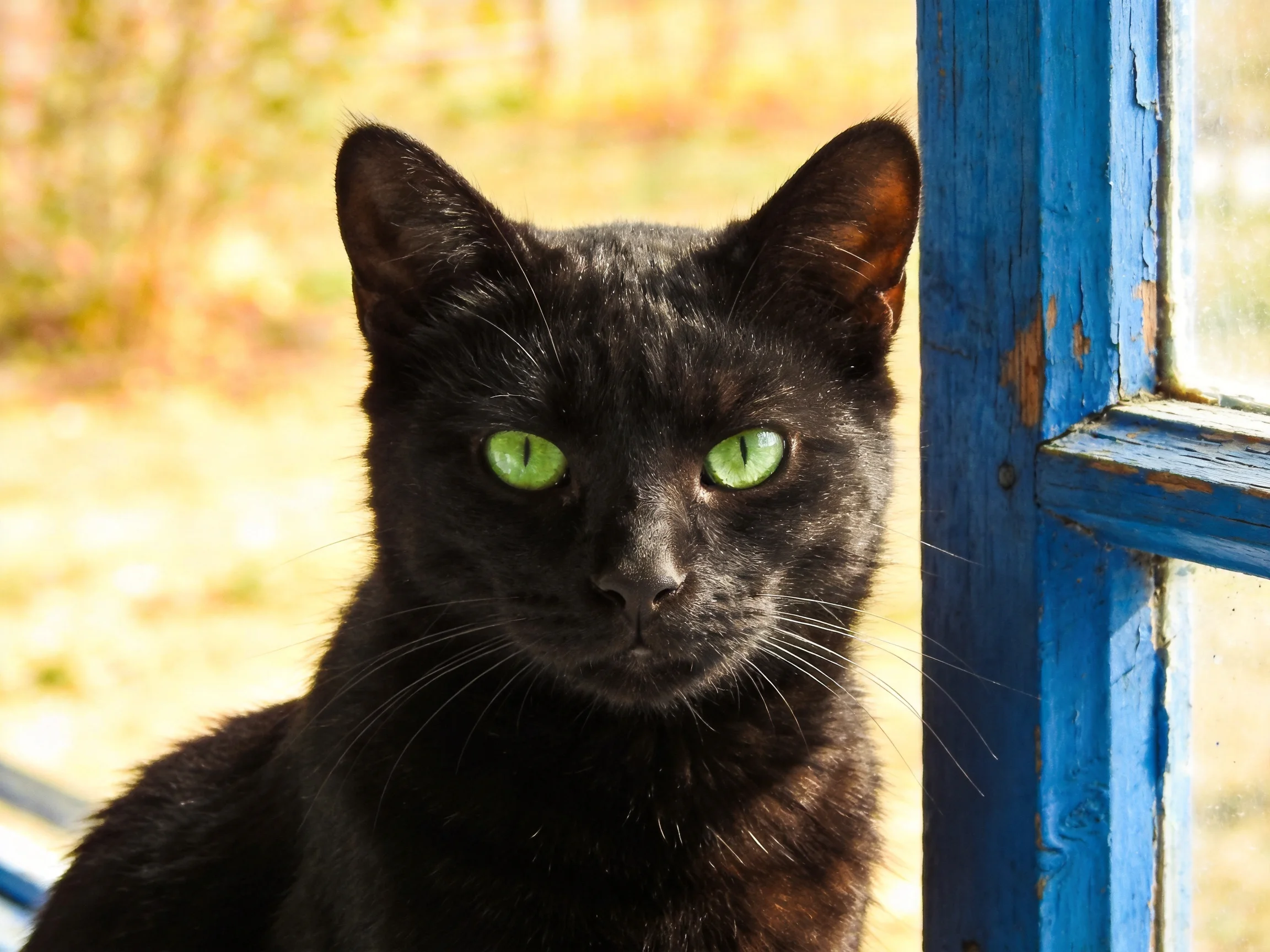 A black cat with vivid green eyes sits beside an aged blue window structure.