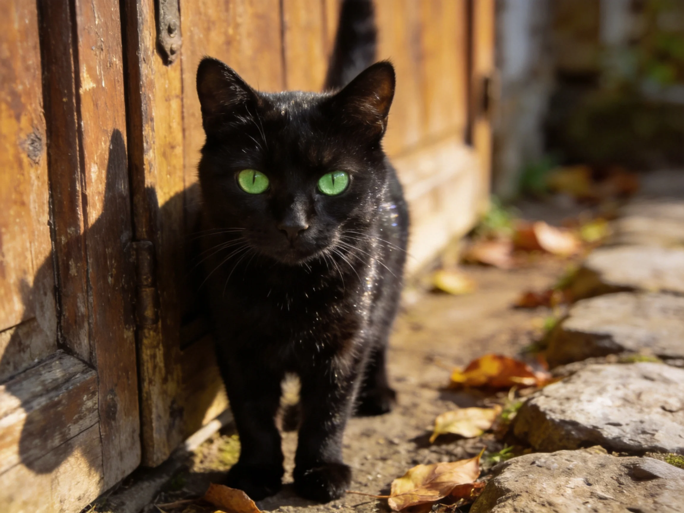A black cat with green eyes stands by an old wooden door on a stone path.