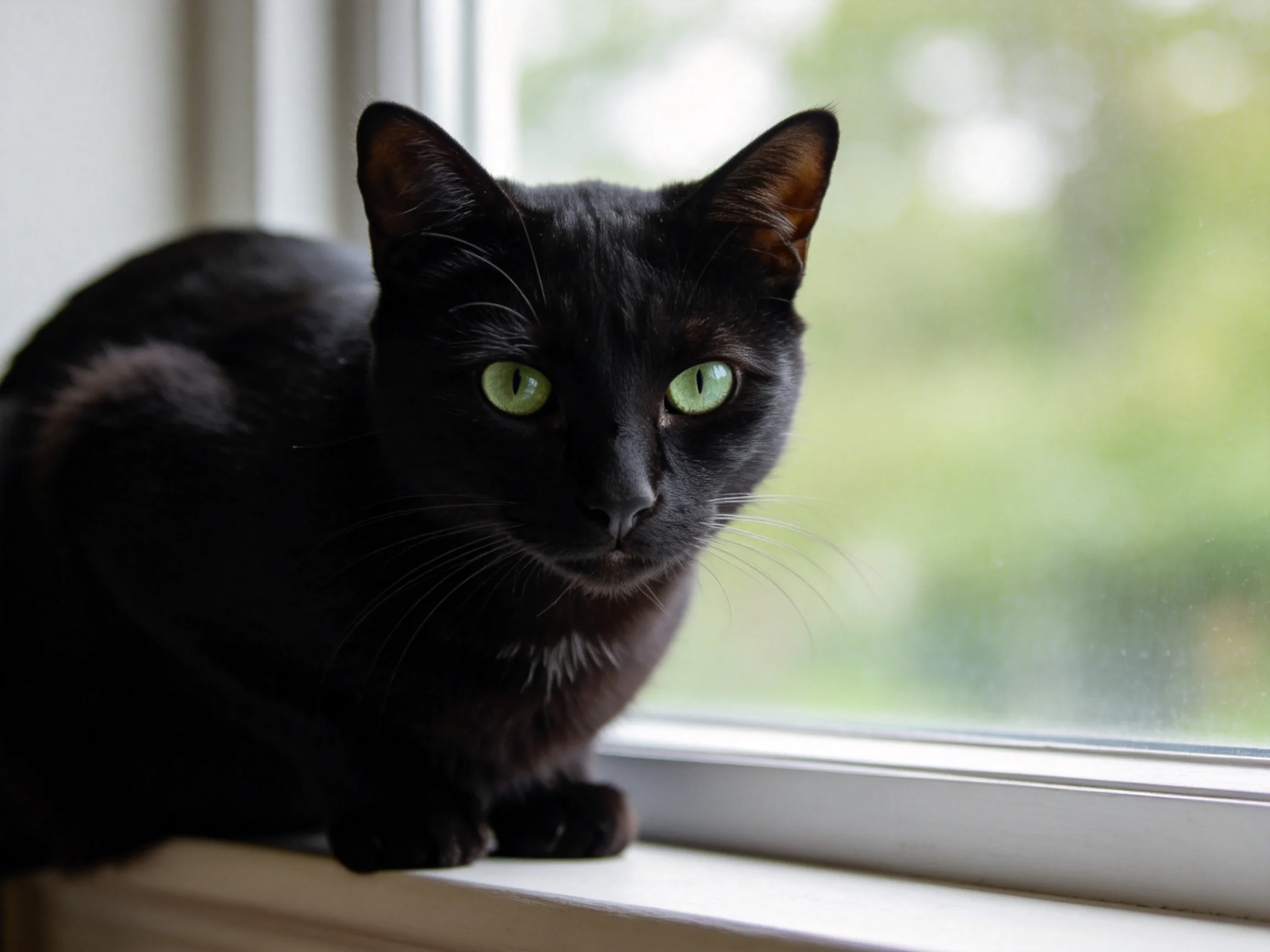 A black cat with green eyes sits on a windowsill near a window.