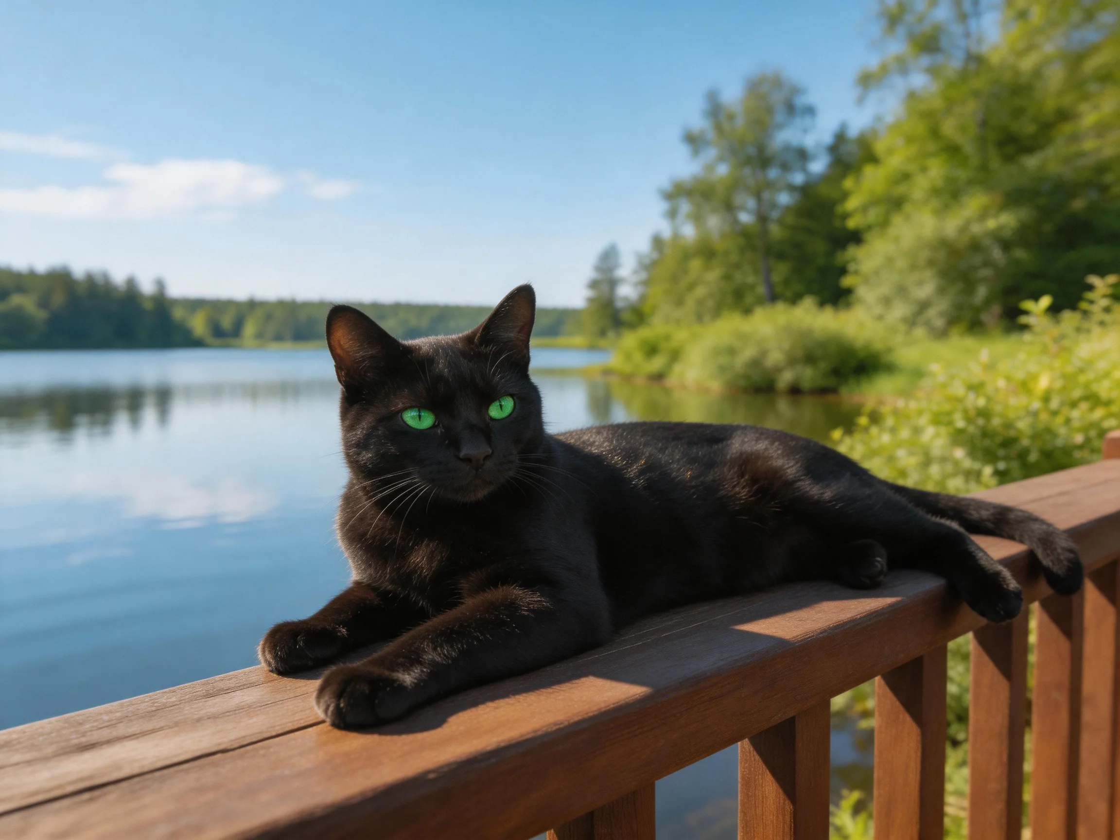 A black cat with green eyes relaxes on a wooden railing near a calm lake.