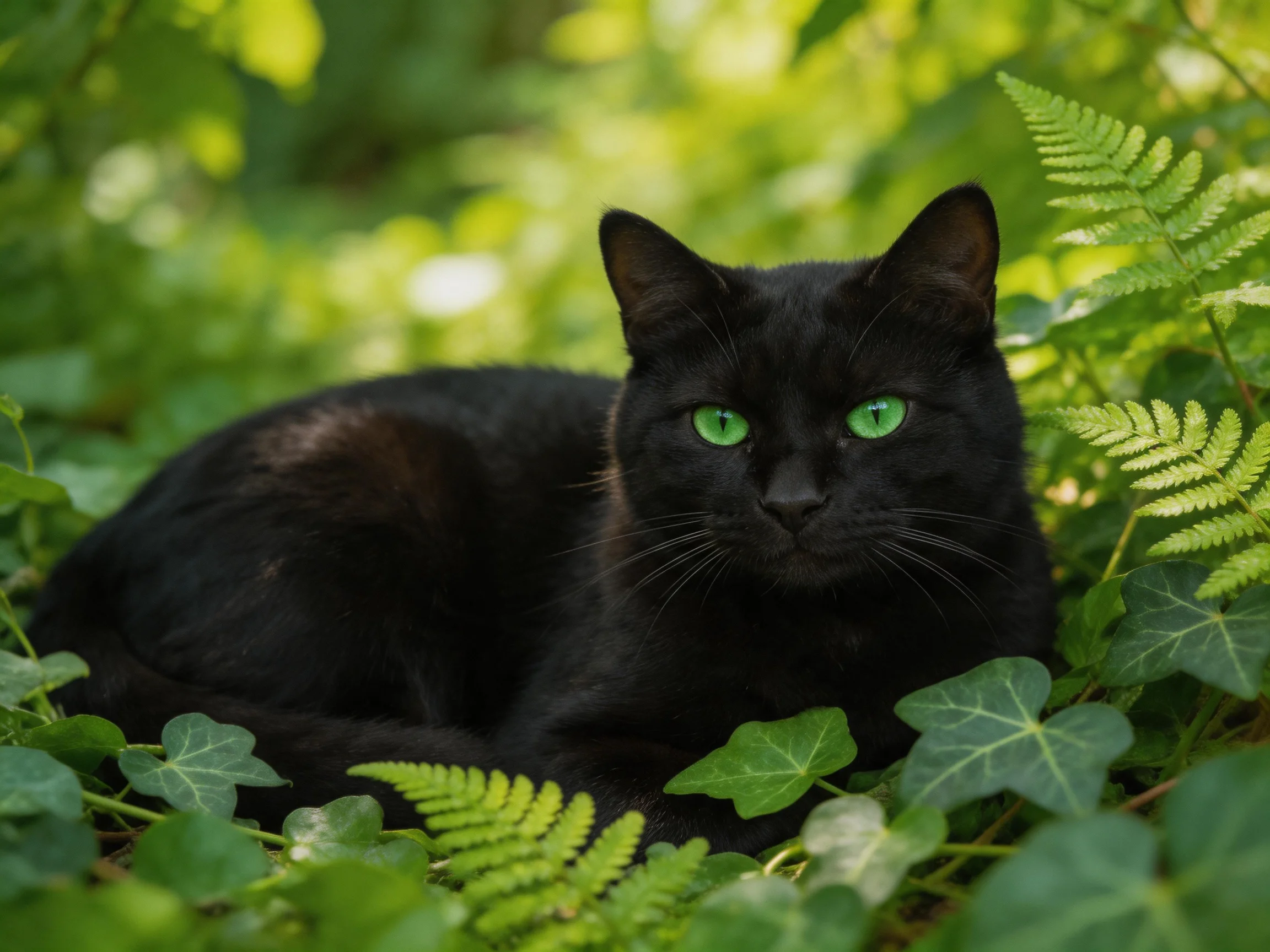 A black cat with green eyes lies among dense green foliage.
