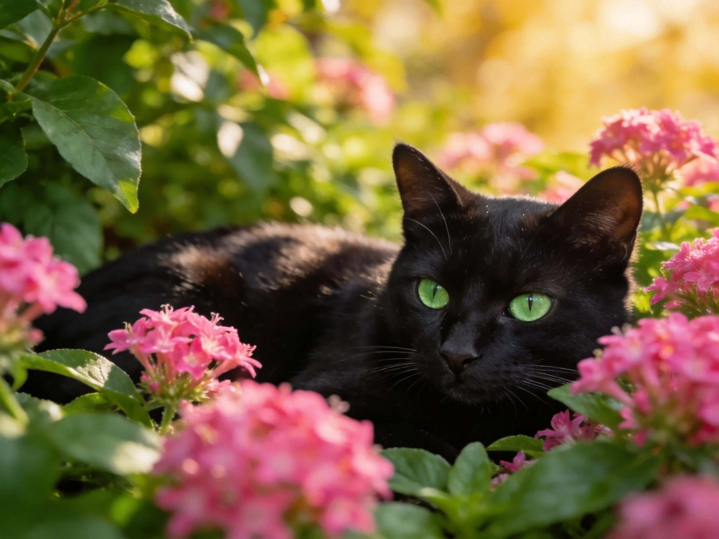 A black cat with green eyes rests among pink flowers in a sunlit garden.