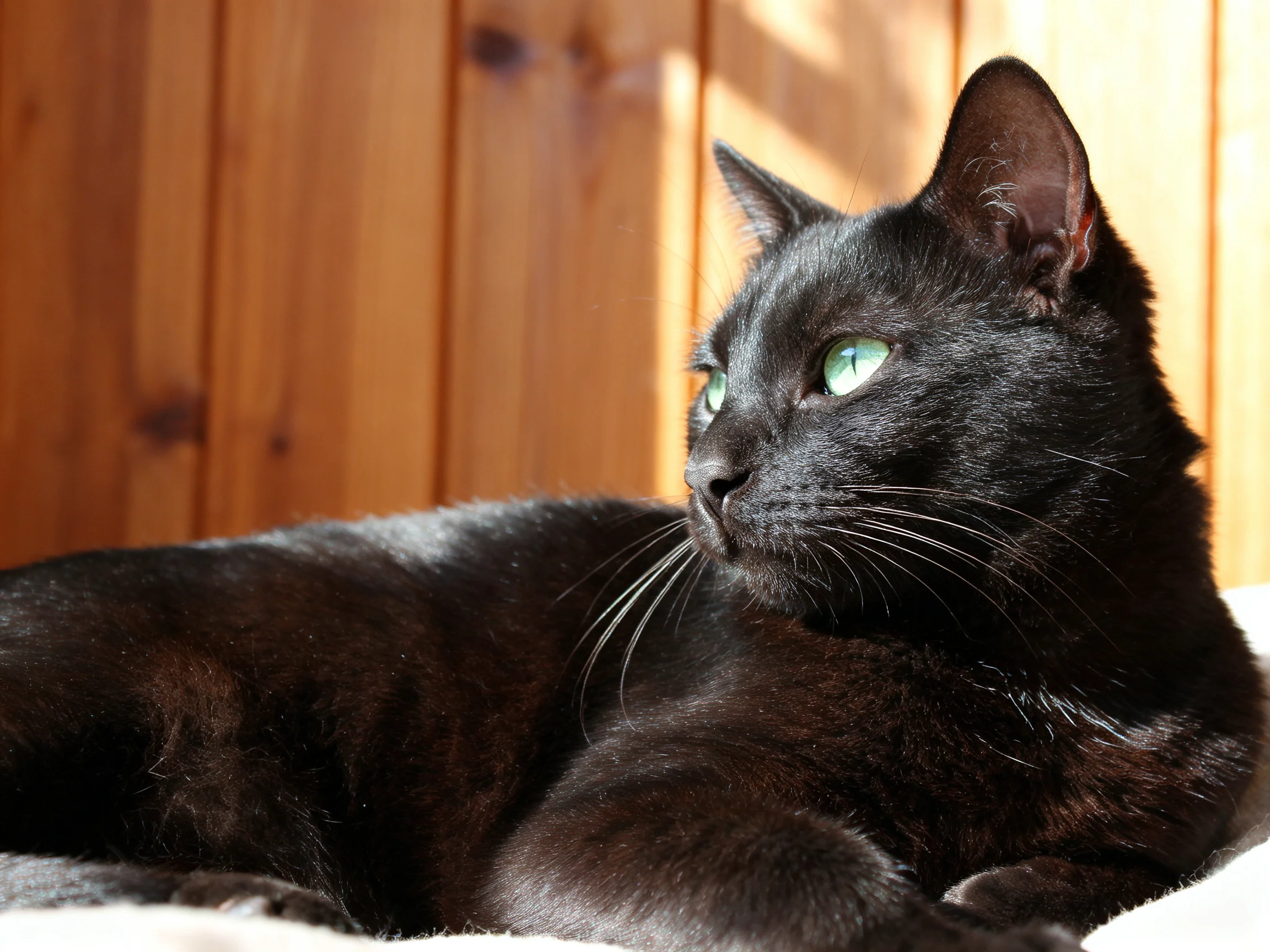 A sleek black cat with green eyes rests near wooden wall panels.