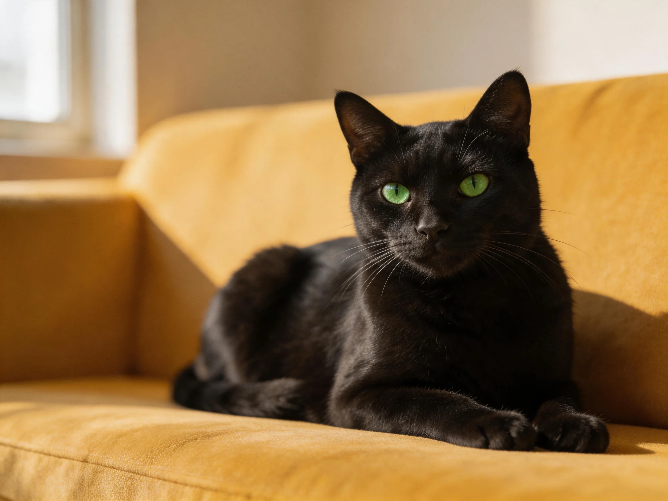 A sleek black cat with bright green eyes rests on a mustard-yellow sofa.