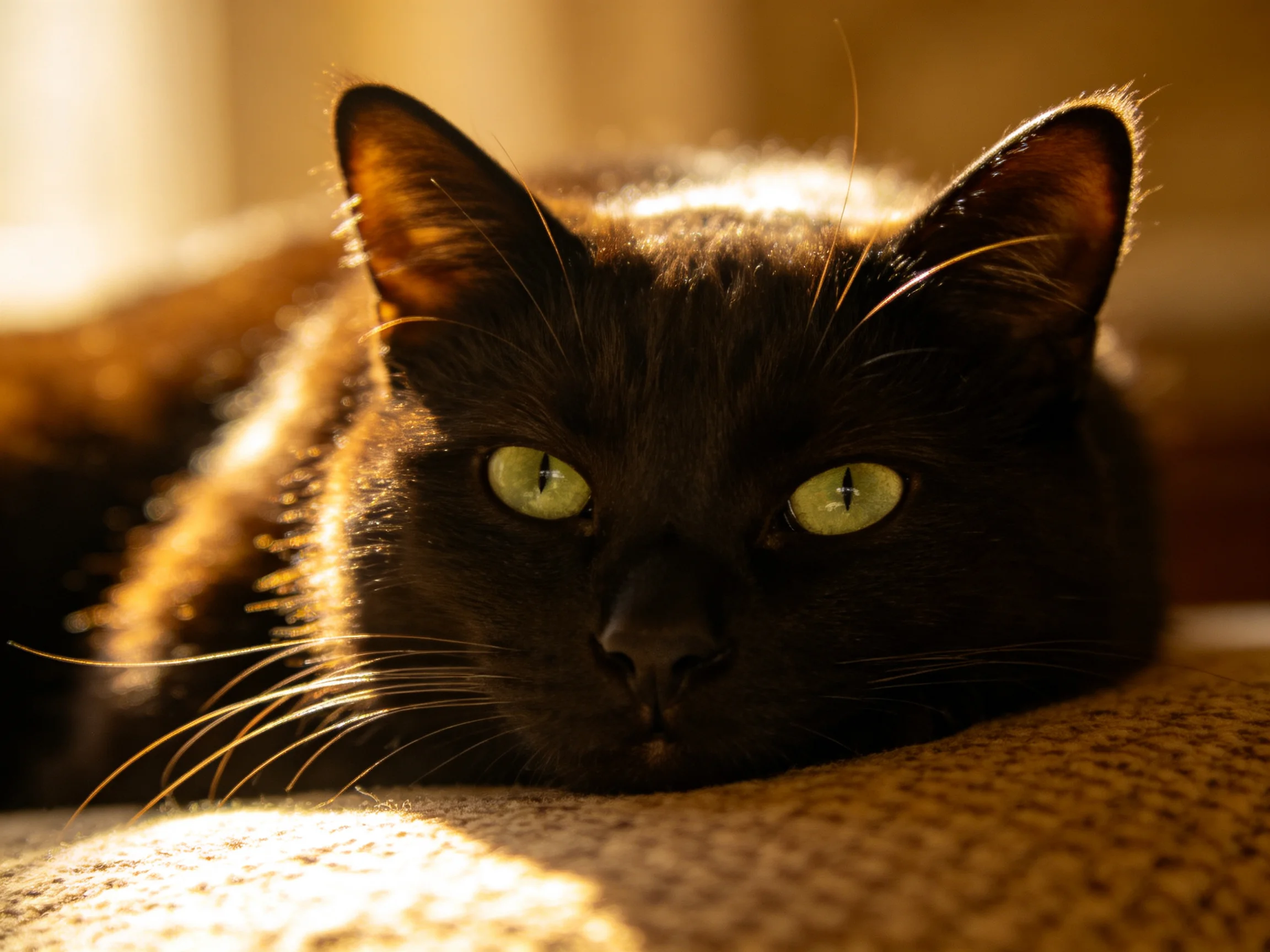 A sleek black cat with bright green eyes rests on a textured fabric surface in warm sunlight.