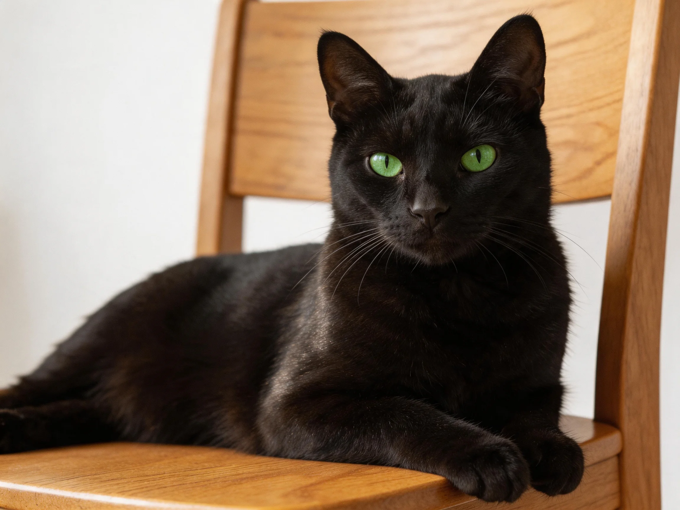 A black cat with green eyes relaxes on a wooden chair.