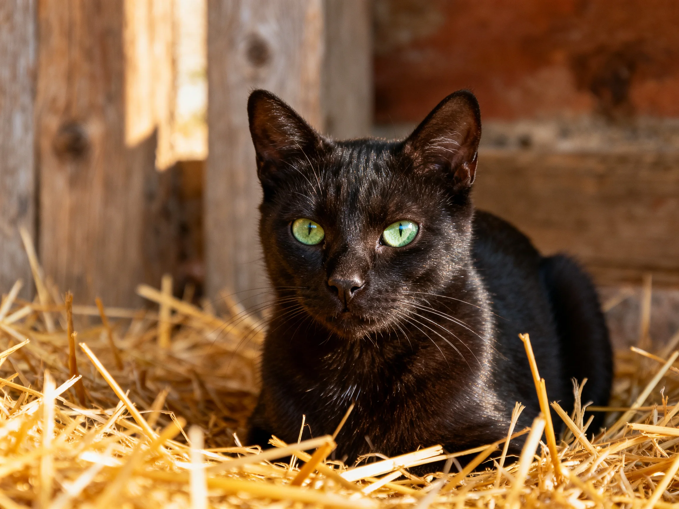A black cat with green eyes relaxes amid straw in a rustic setting.