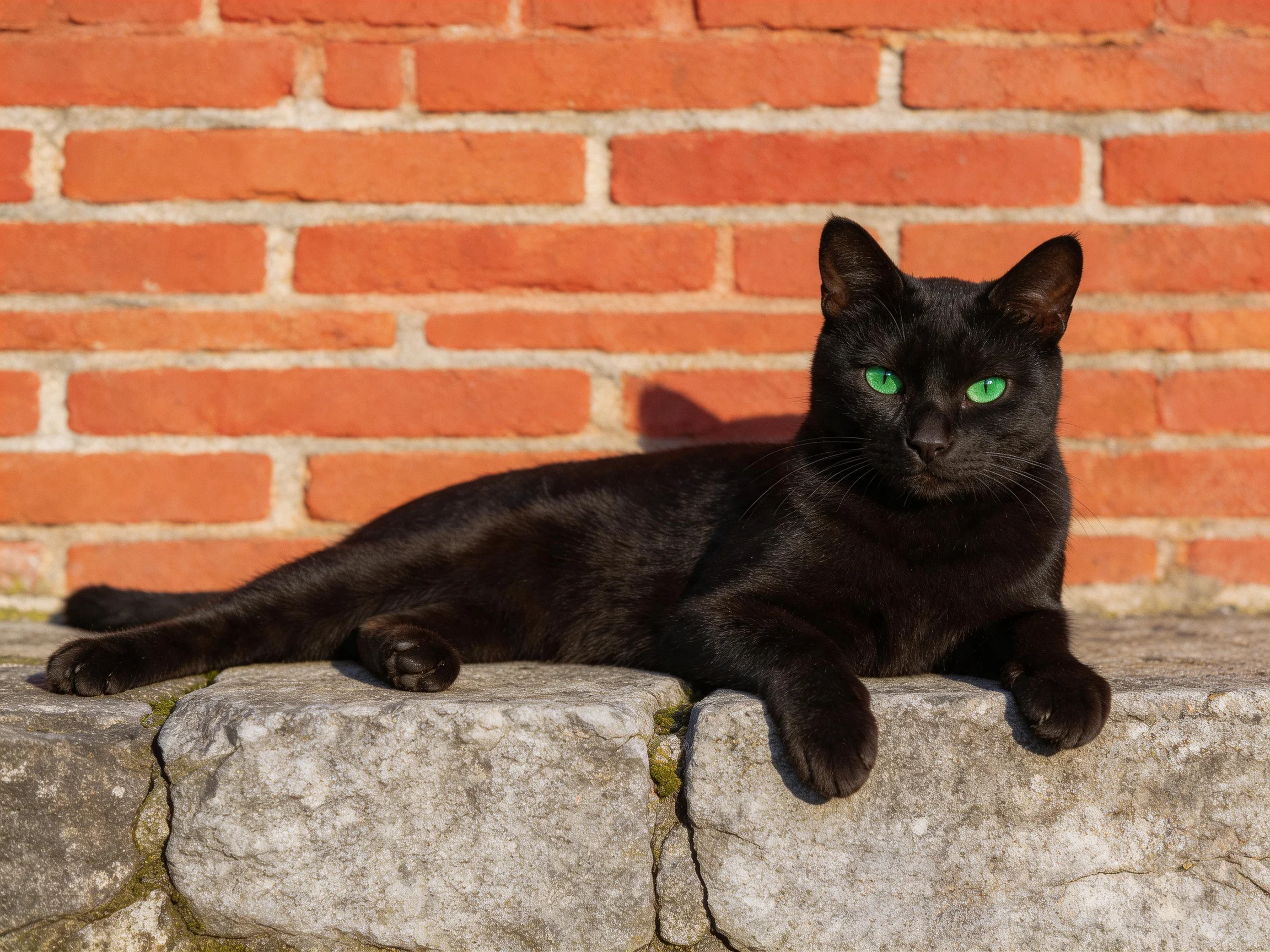A black cat with green eyes relaxes on stone beside a red brick wall.