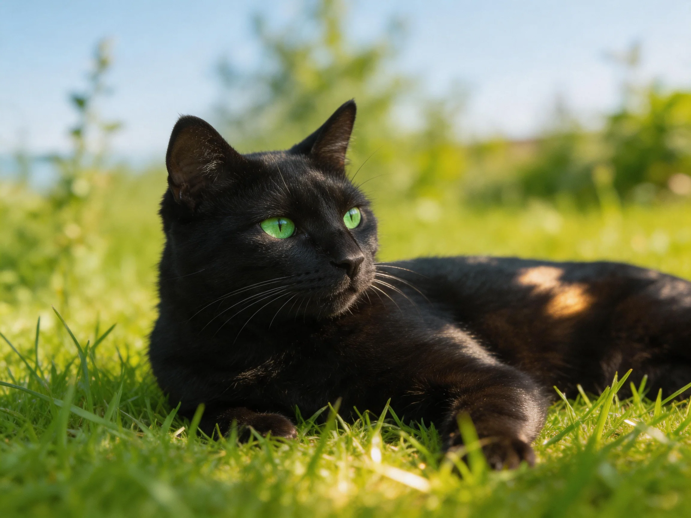 A black cat with green eyes relaxes on sunlit grass