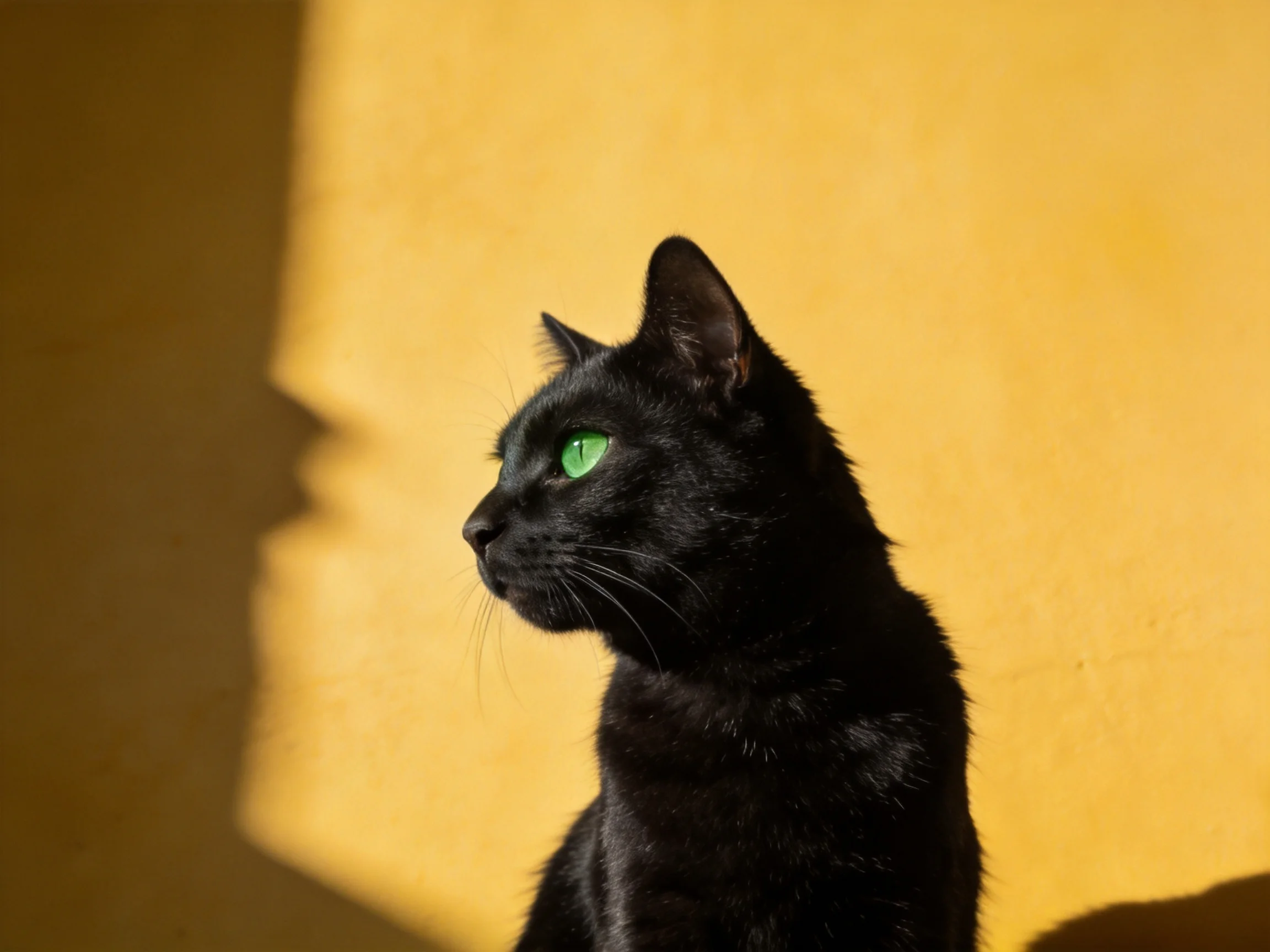 A black cat with green eyes is positioned beside a yellow wall.