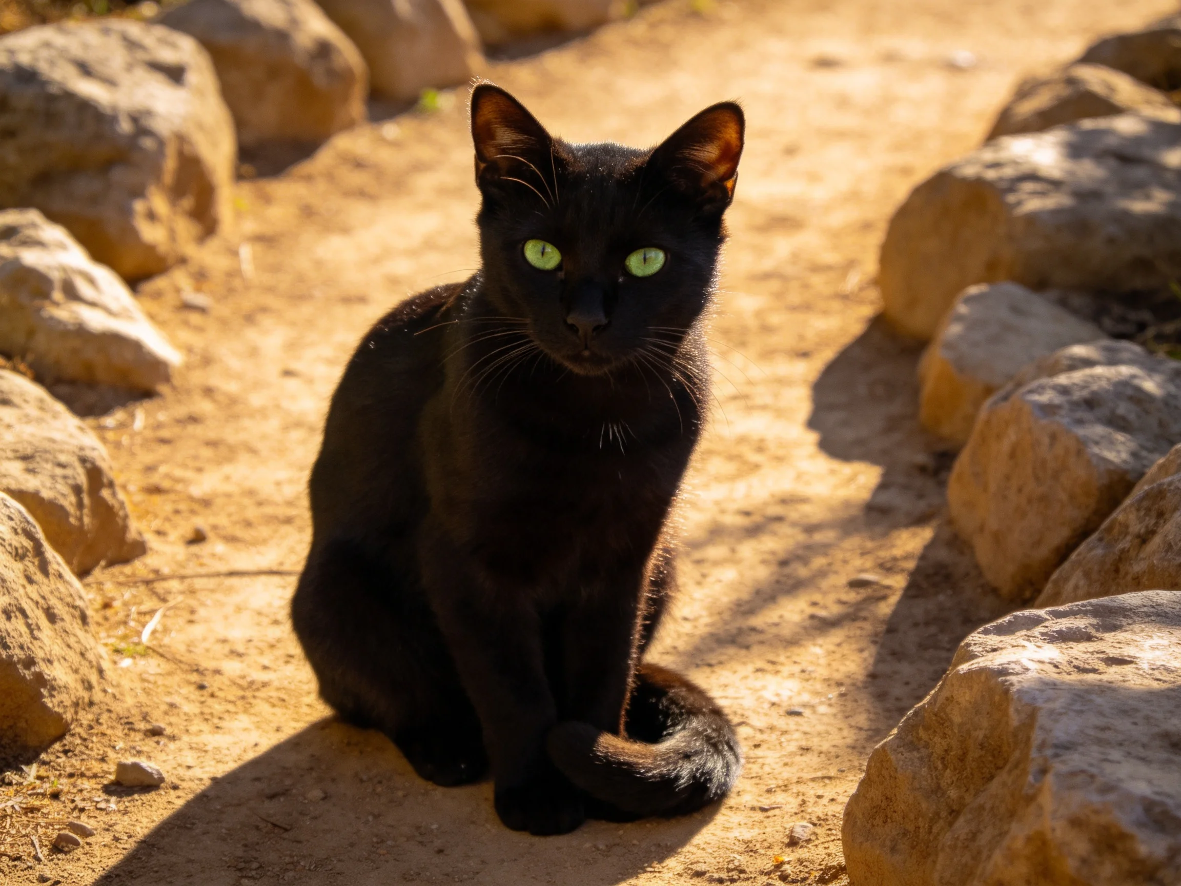 A black cat with green eyes sits calmly among stones on a sunlit sandy path.