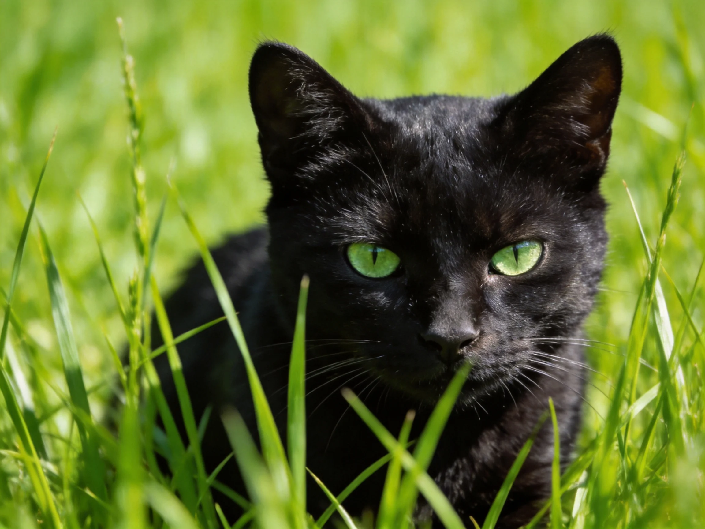 A black cat with green eyes is nestled in lush green grass.