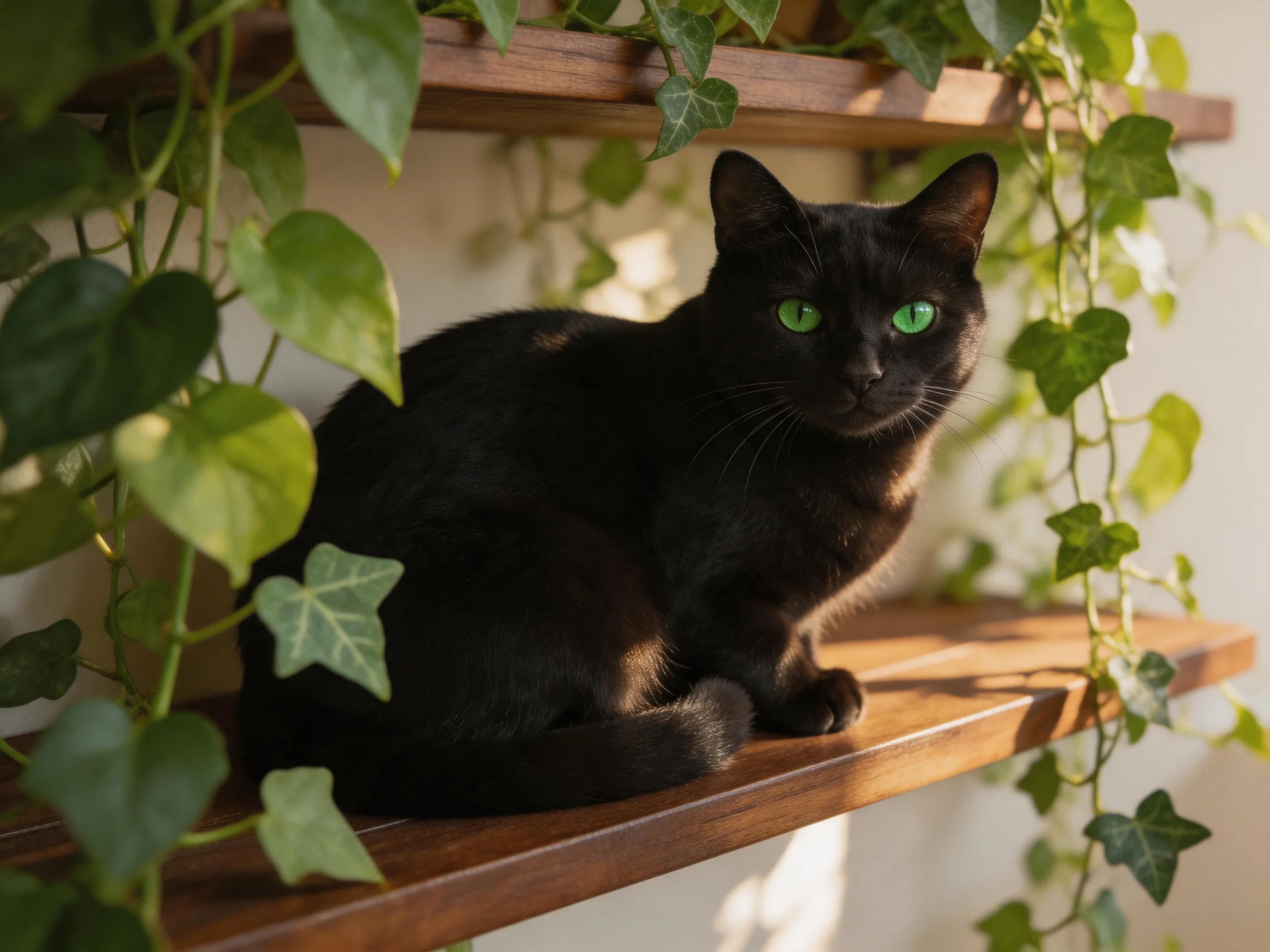 A black cat with green eyes rests on wooden shelves near hanging green vines