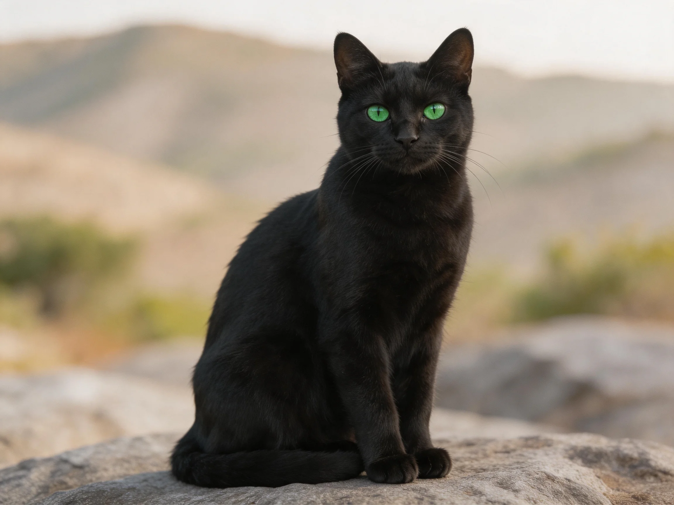 A black cat with bright green eyes sits calmly on a rock in an outdoor landscape