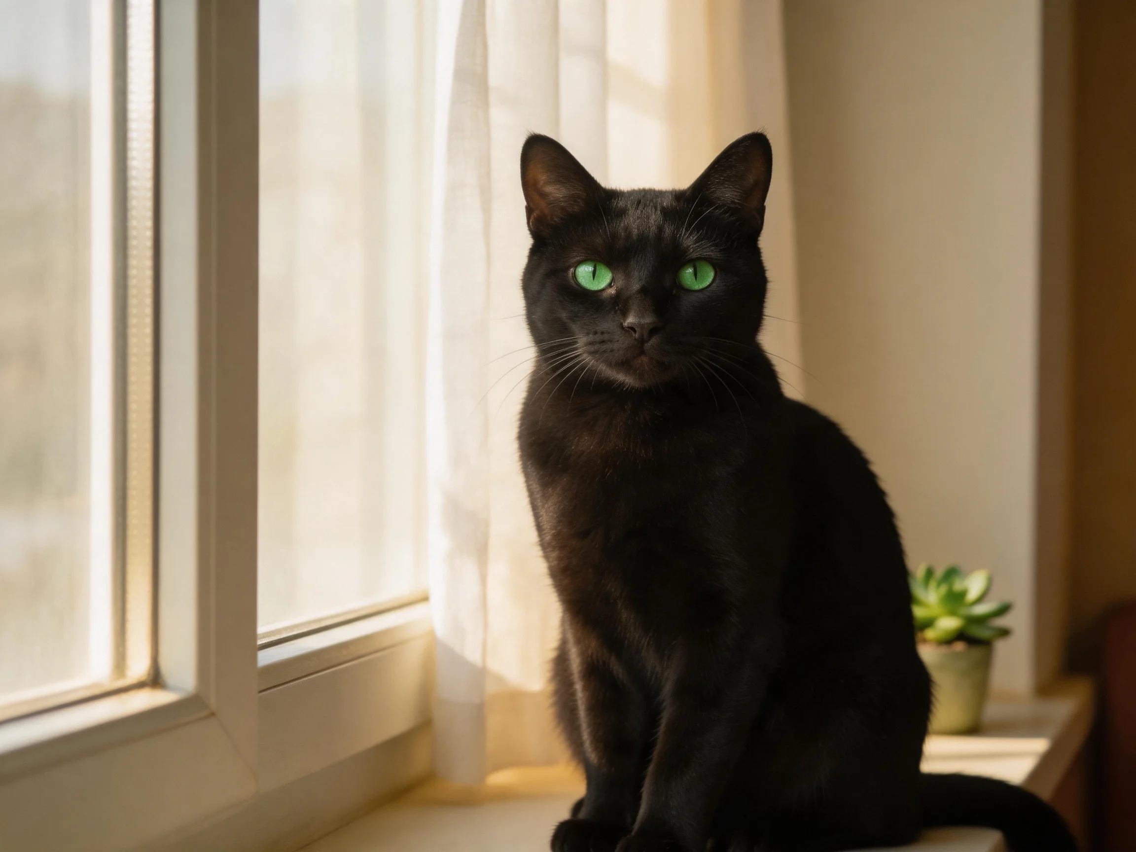 A sleek black cat with bright green eyes sits by a sunlit window