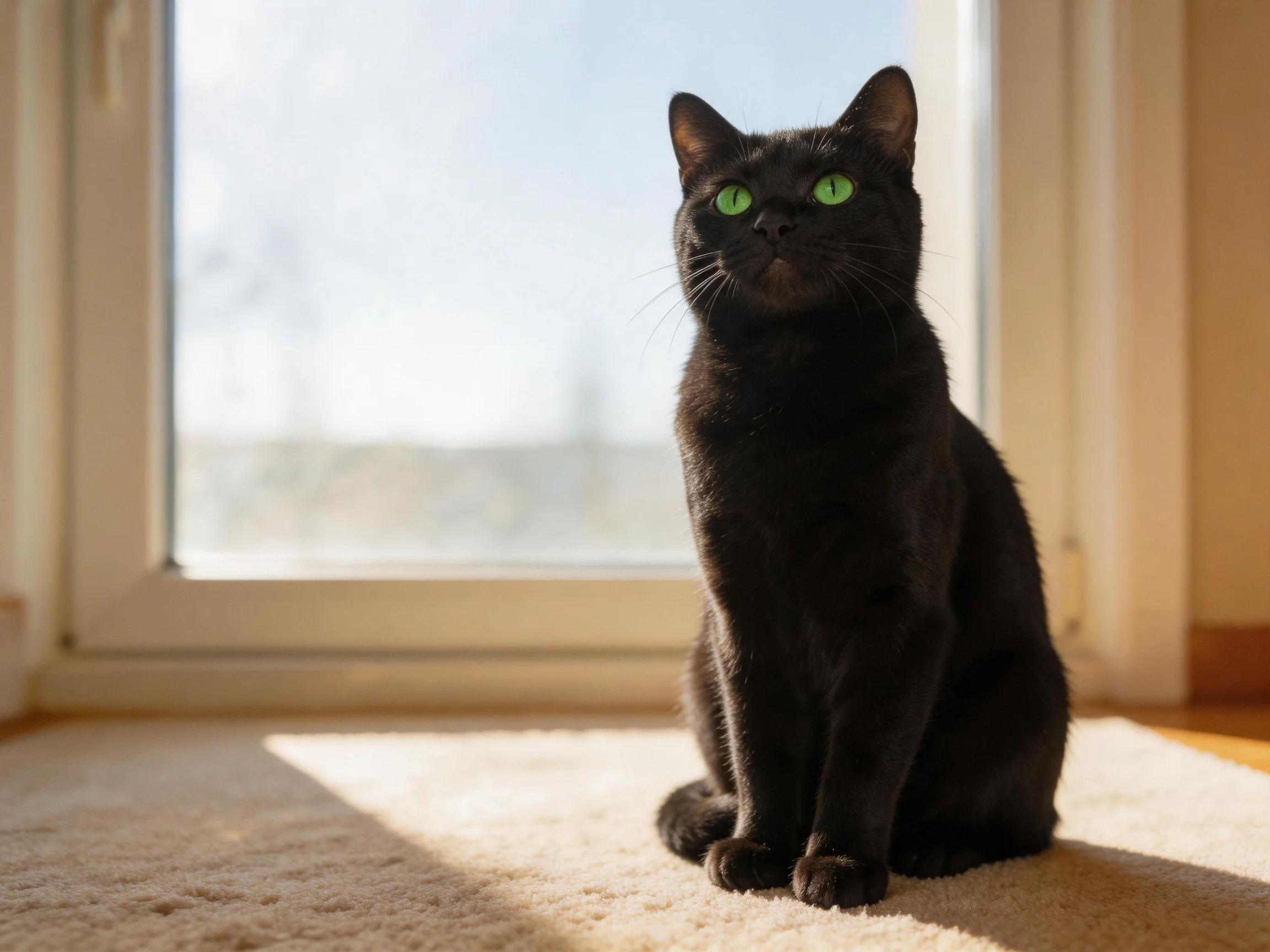 A black cat with green eyes sits near a sunlit window.