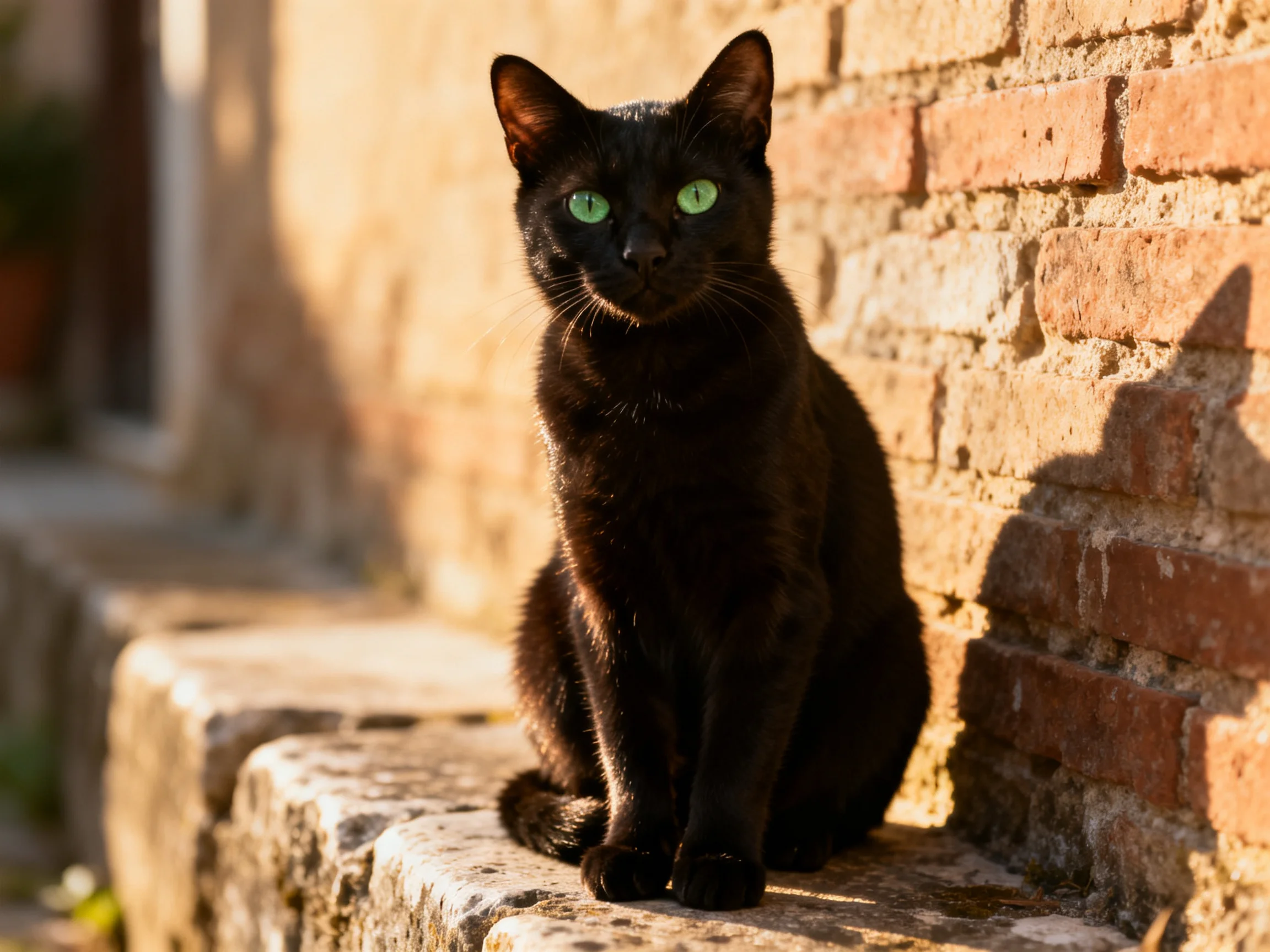 A black cat with green eyes rests near a weathered brick wall