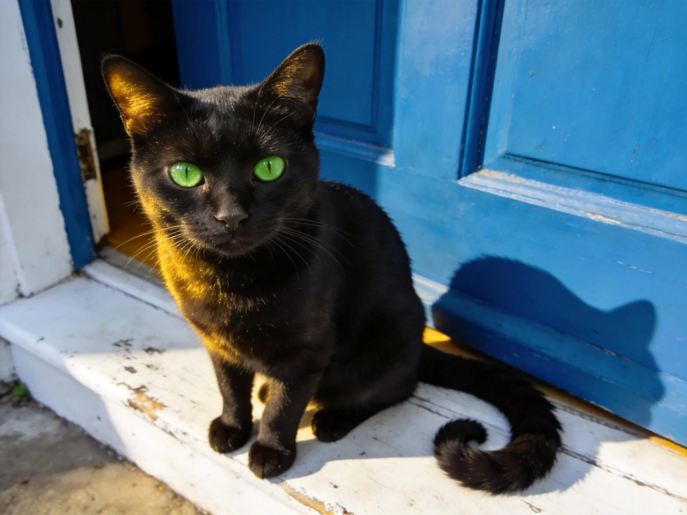 A black cat with green eyes sits near a blue door entrance.