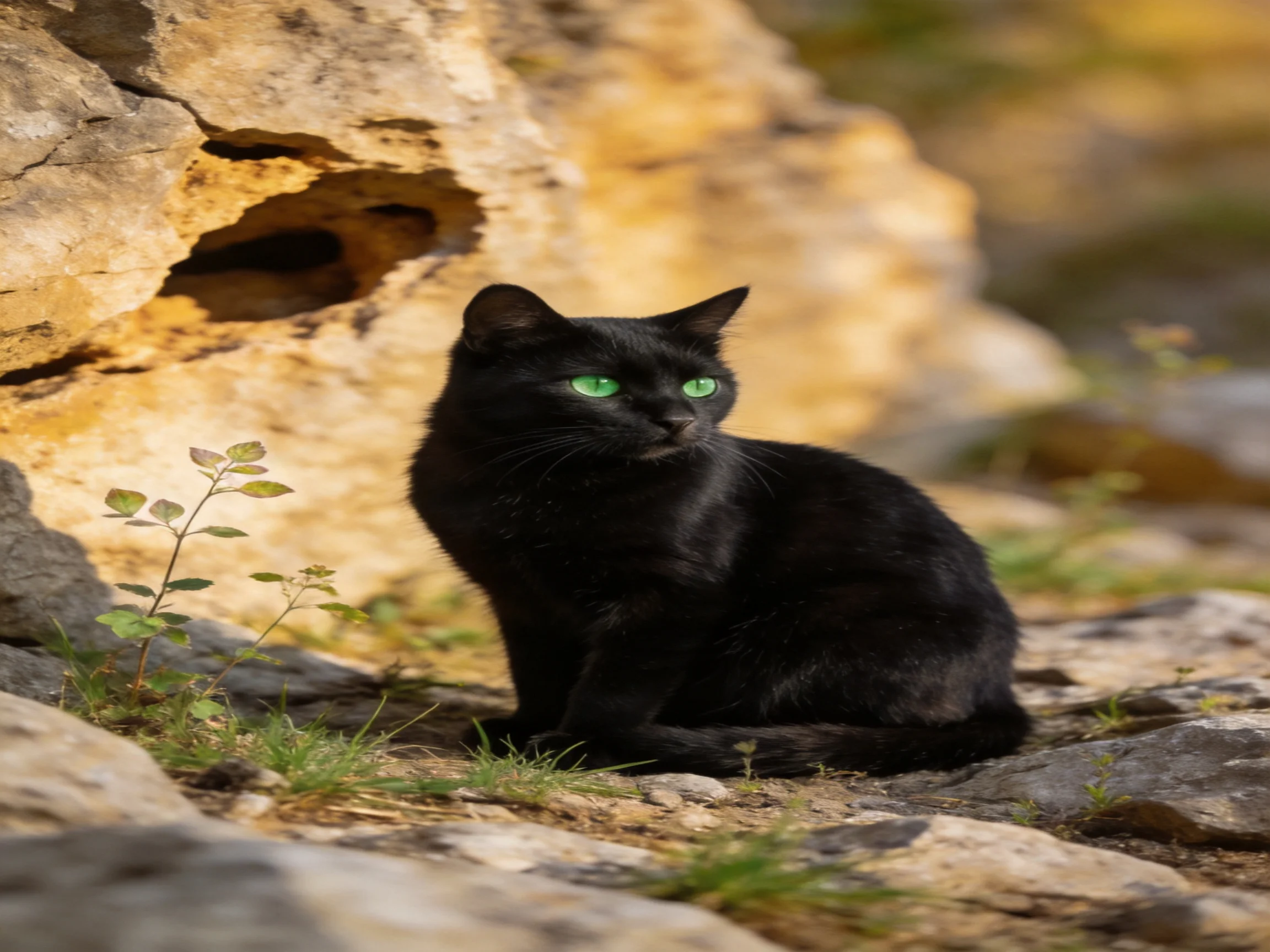 A black cat with green eyes rests among rocks in a sunlit area.