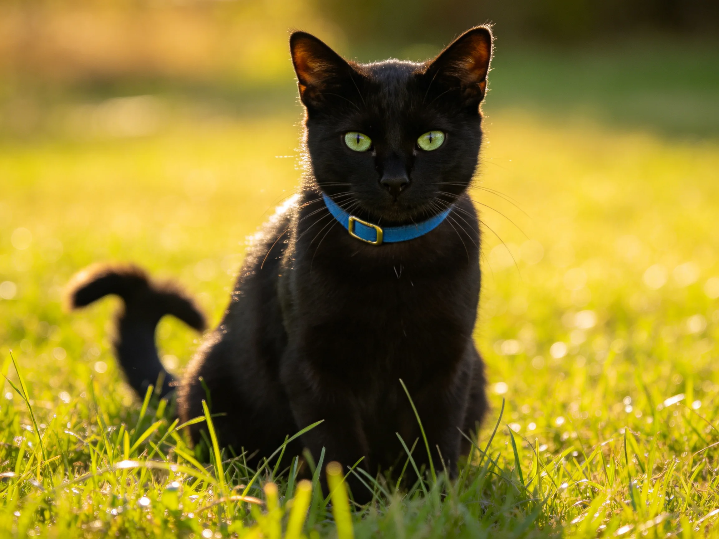 A black cat with green eyes sits calmly amidst sunlit grass.