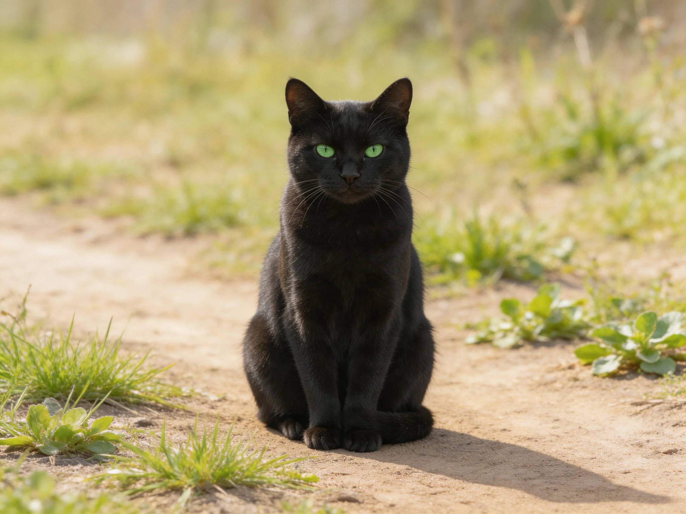 A black cat with green eyes sits calmly on an outdoor dirt path.