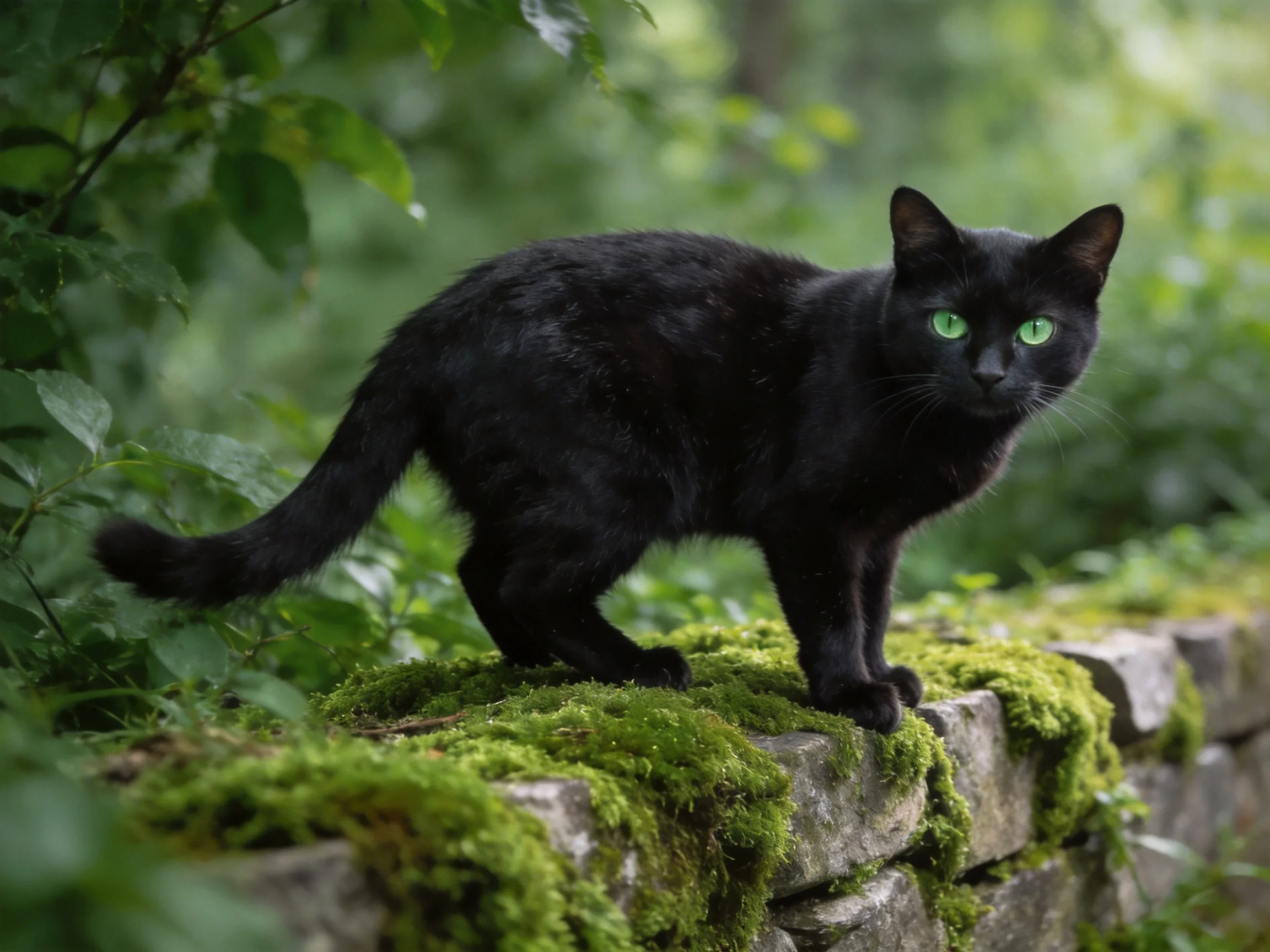 A black cat with green eyes stands on a mossy stone wall among greenery