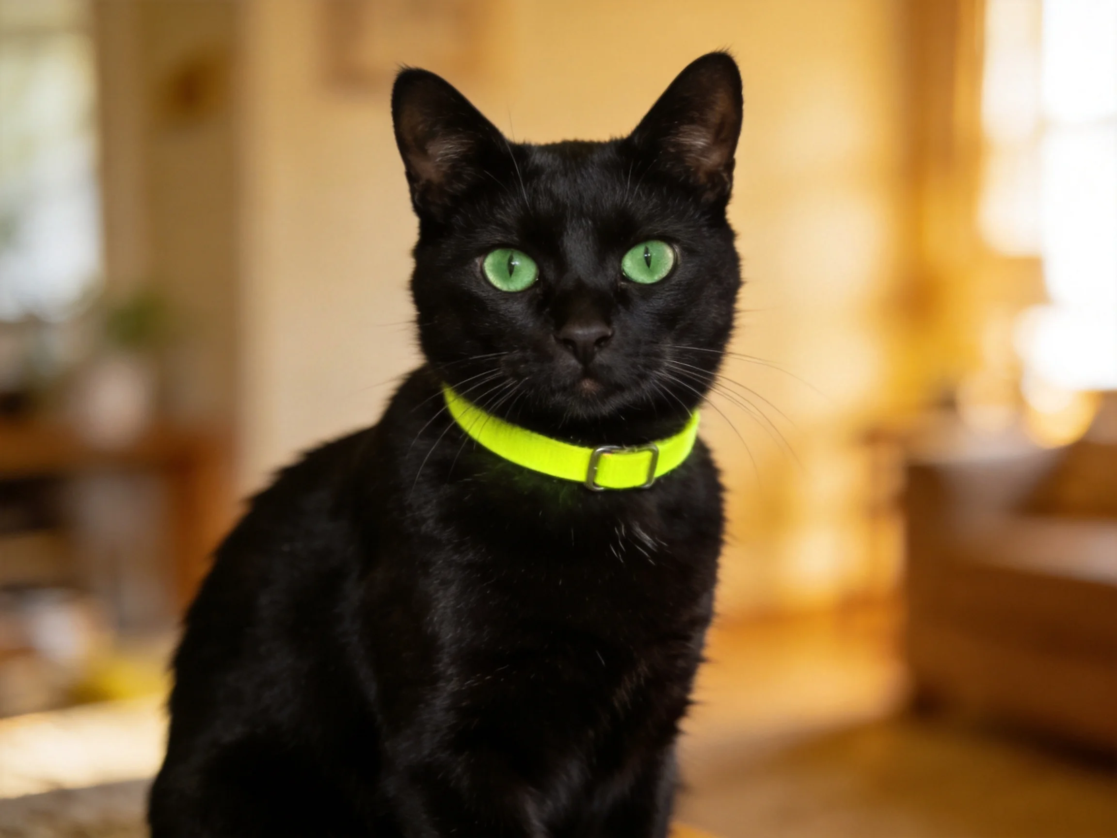 A black cat with green eyes and a neon collar sits indoors