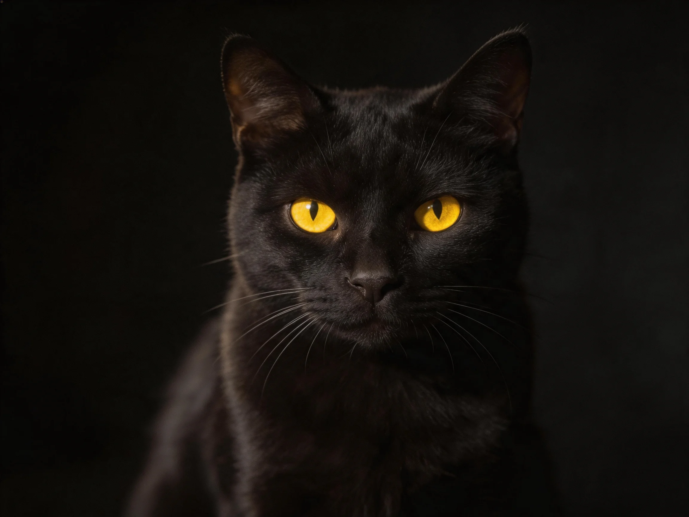 A sleek black cat with bright yellow eyes stands out against a dark background.