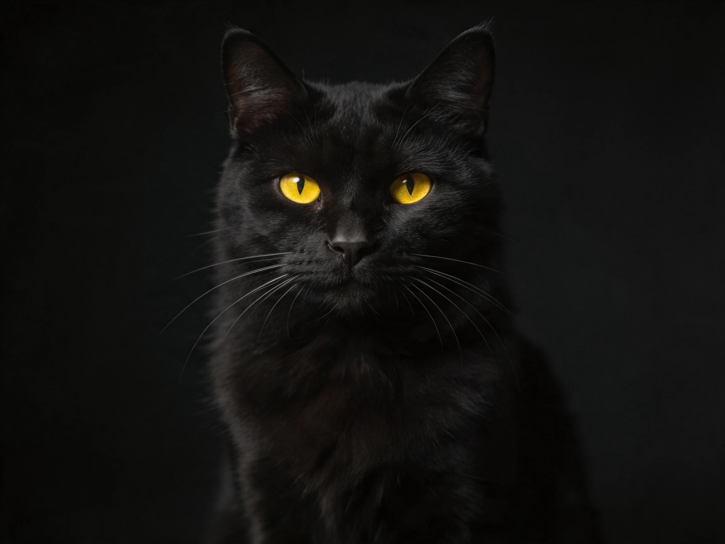 A sleek black cat with vivid yellow eyes contrasts sharply with the dark surroundings.
