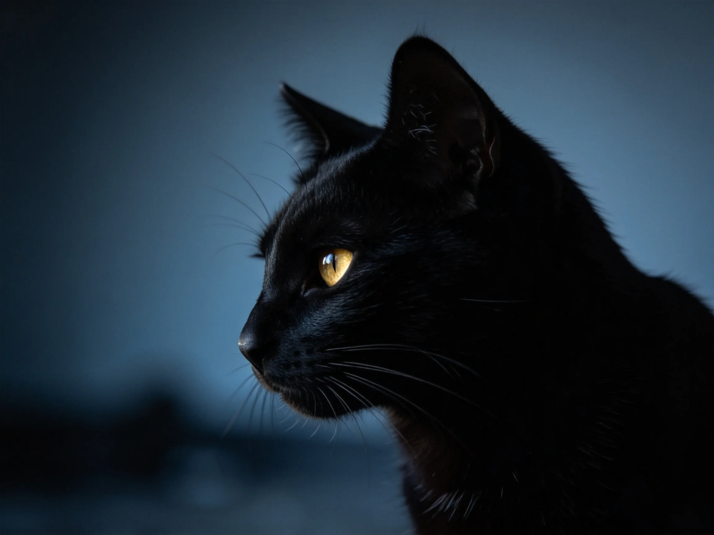 A sleek black cat with bright yellow eyes gazes against a moody dark blue background.