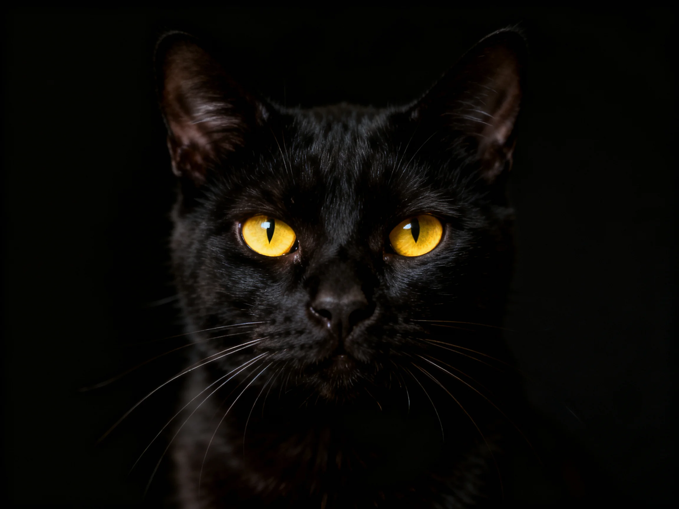 A sleek black cat gazes intently with bright yellow eyes amid darkness.