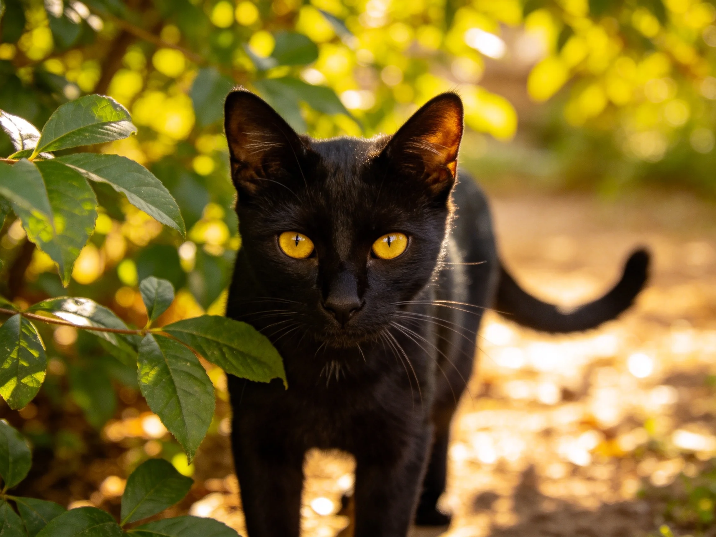 A black cat with yellow eyes is near green plants in a sunlit area.