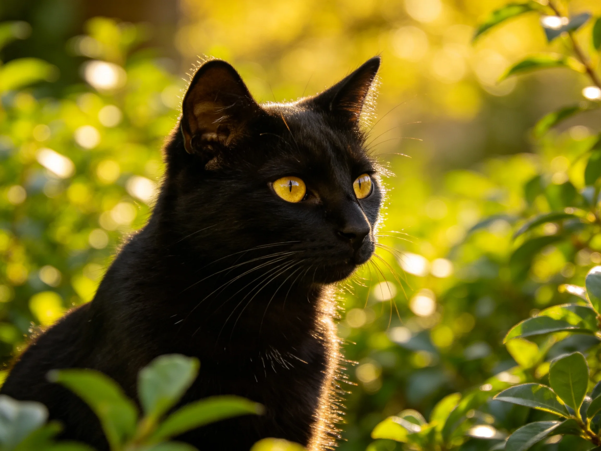 A black cat with yellow eyes rests among greenery in a sunlit environment.