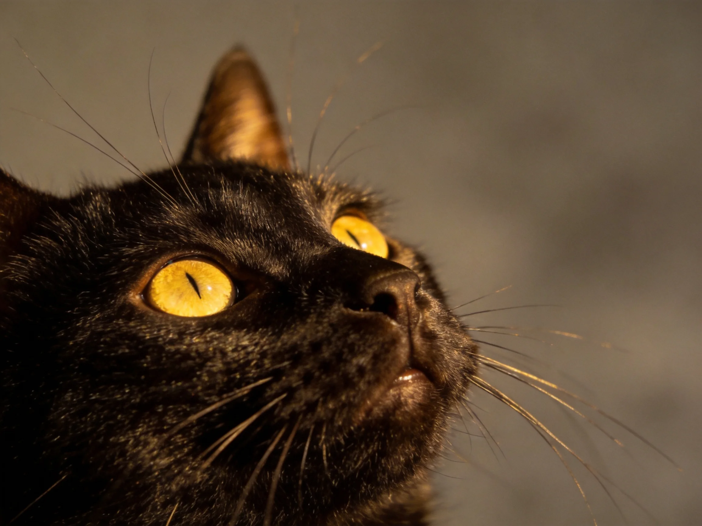 A sleek black cat with bright yellow eyes looks upward against a neutral-toned background.