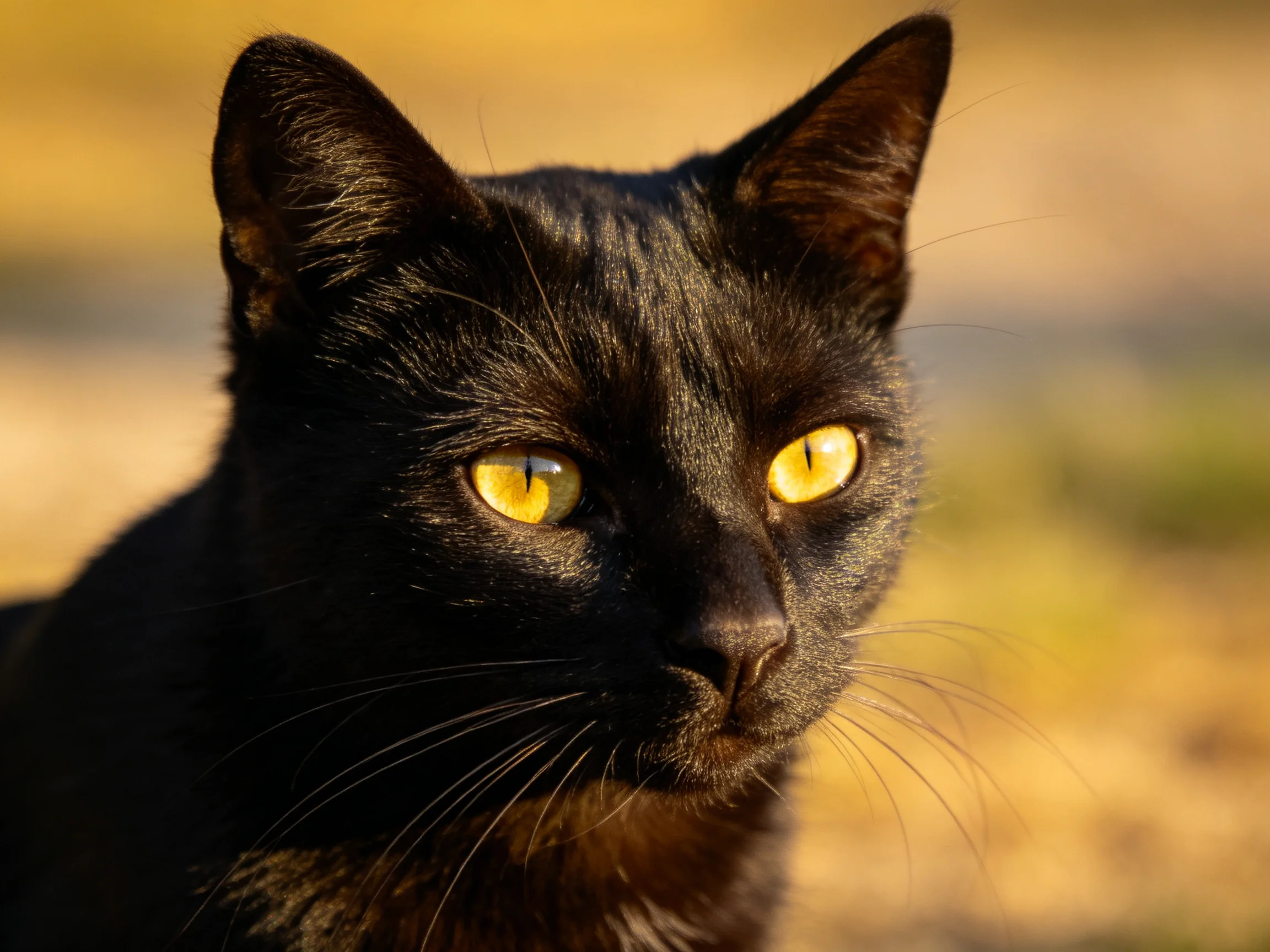 A sleek black cat with bright yellow eyes gazes outdoors.