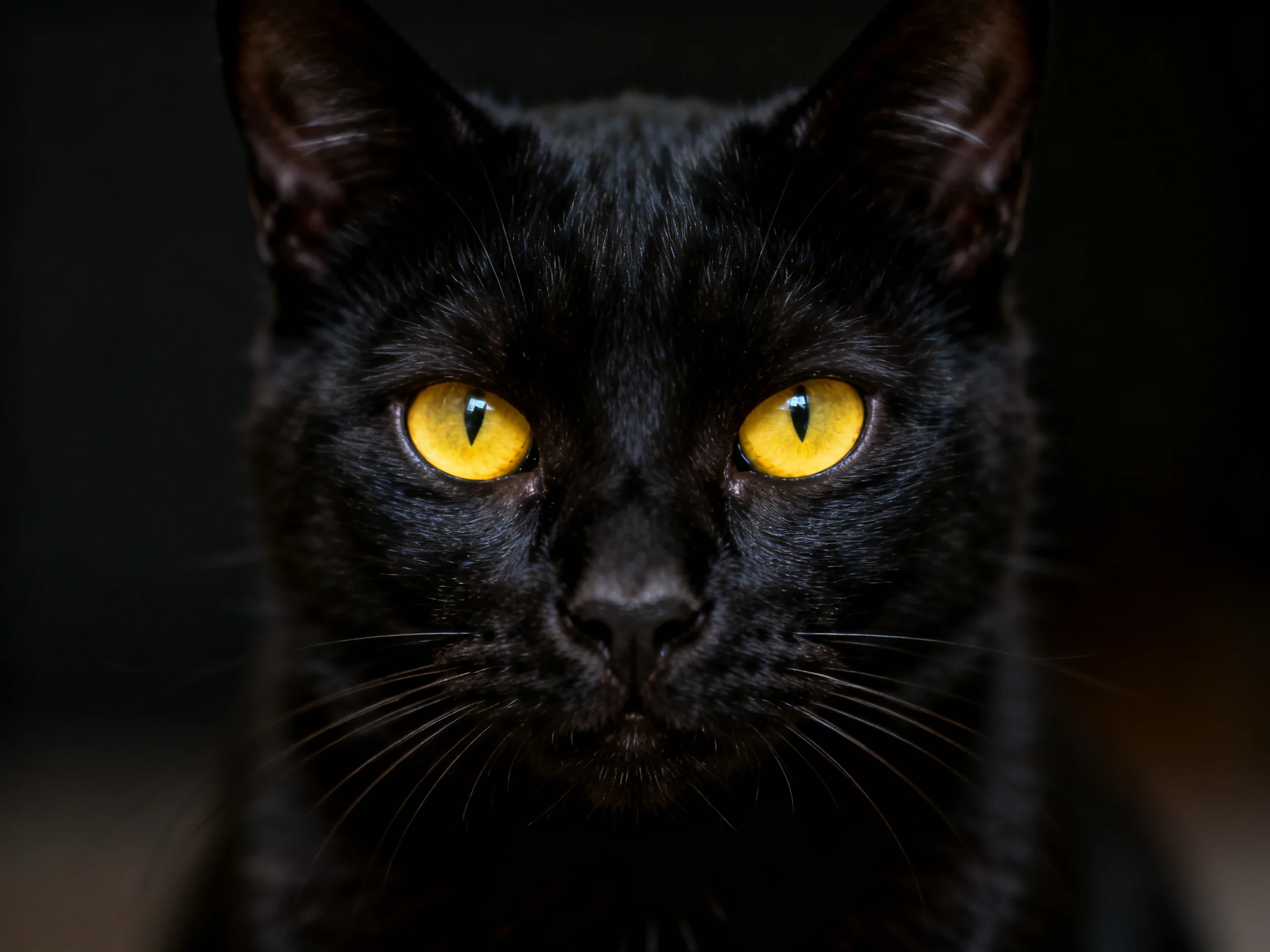 A sleek black cat with bright yellow eyes gazes intently in dim surroundings.