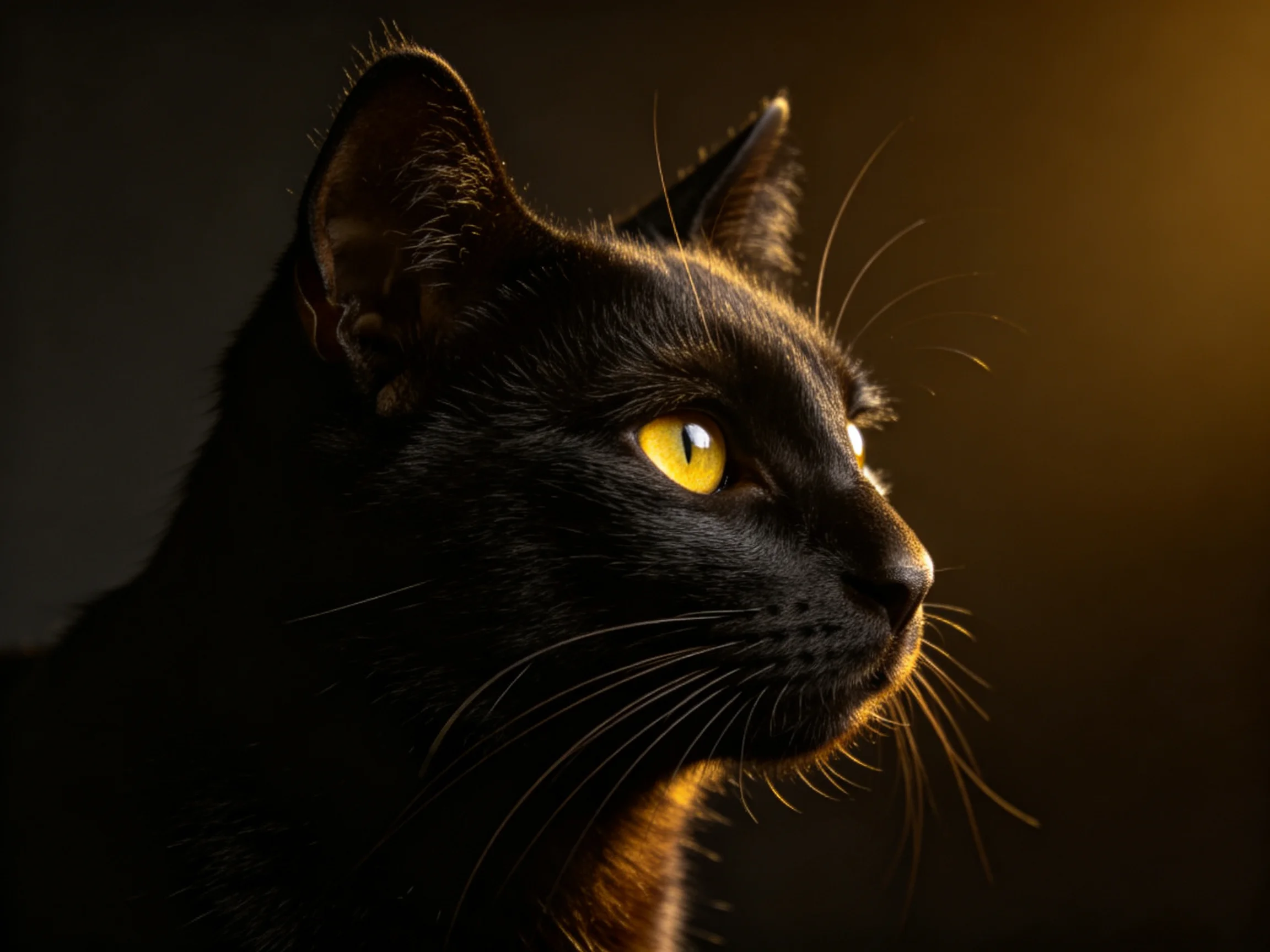A sleek black cat gazes intently with bright yellow eyes under dramatic lighting.
