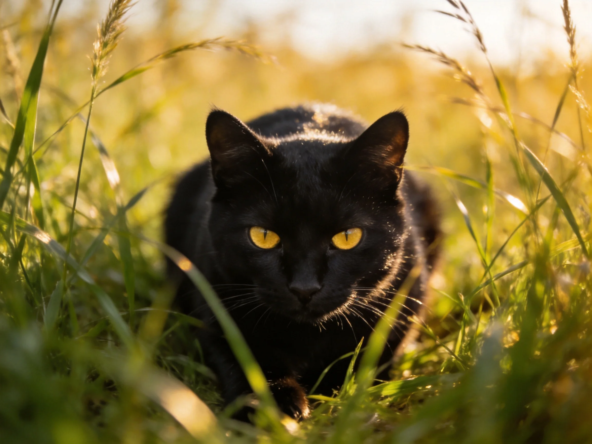 Black cat with yellow eyes rests in tall grass under sunlight.