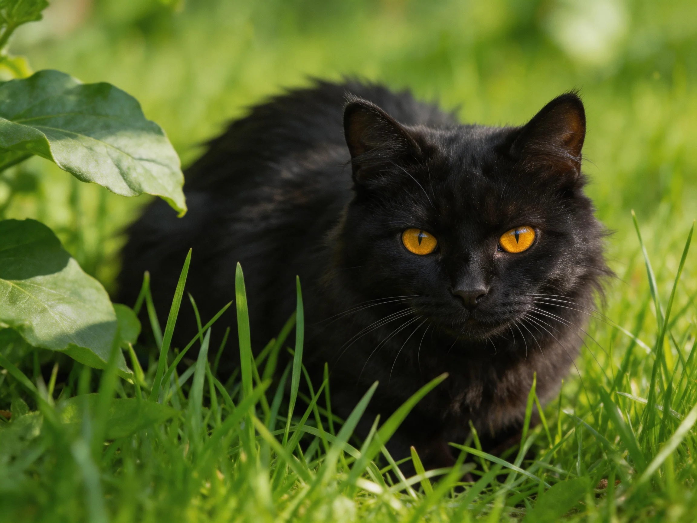 A black cat with striking yellow eyes rests in vibrant green grass.