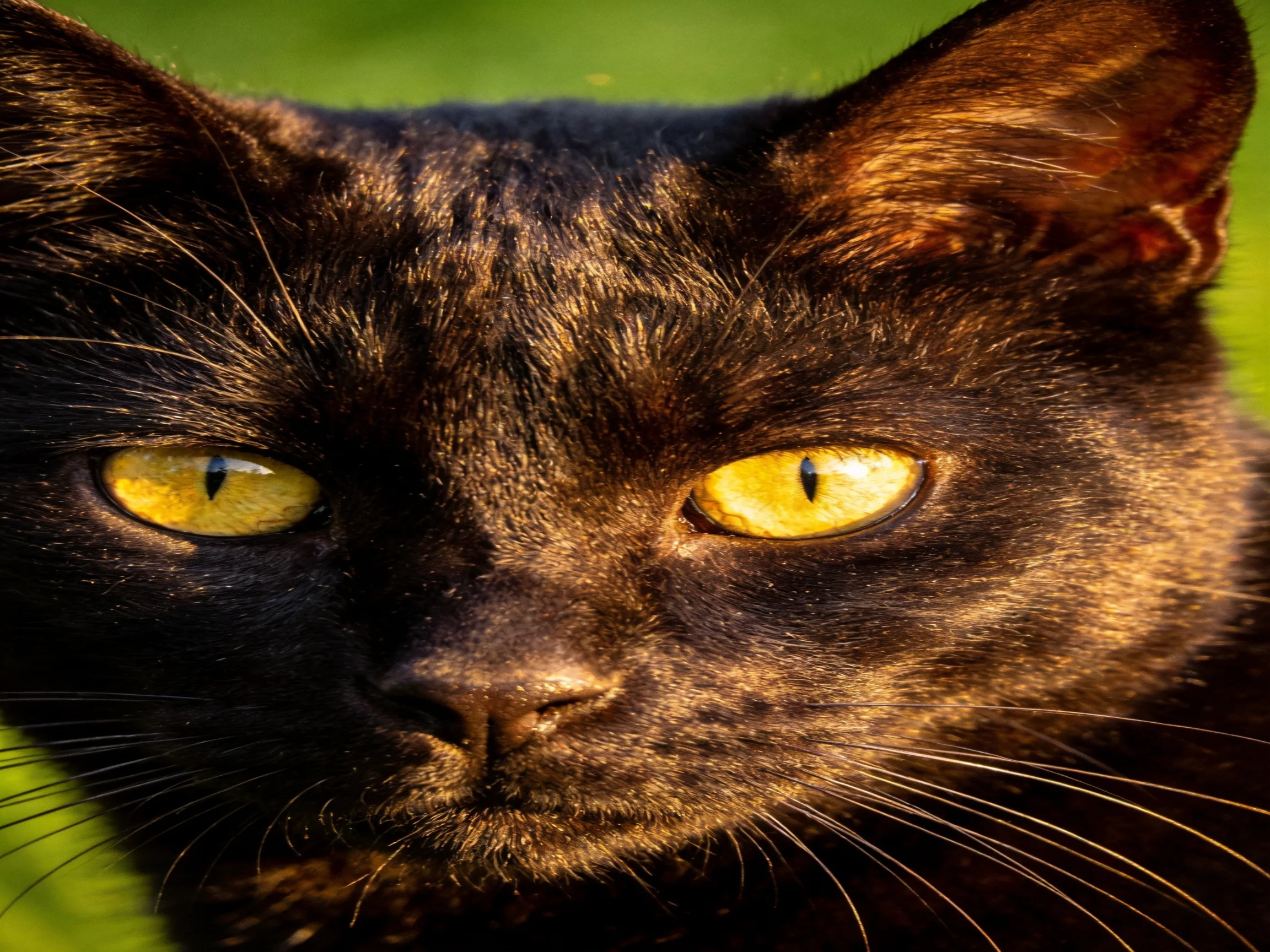 A sleek black cat gazes intently with vivid yellow eyes.