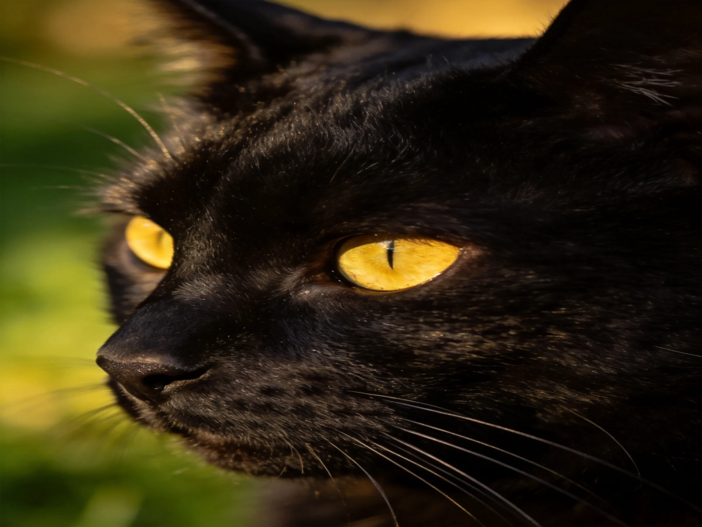 A close - up of a black cat with striking yellow eyes in an outdoor setting.