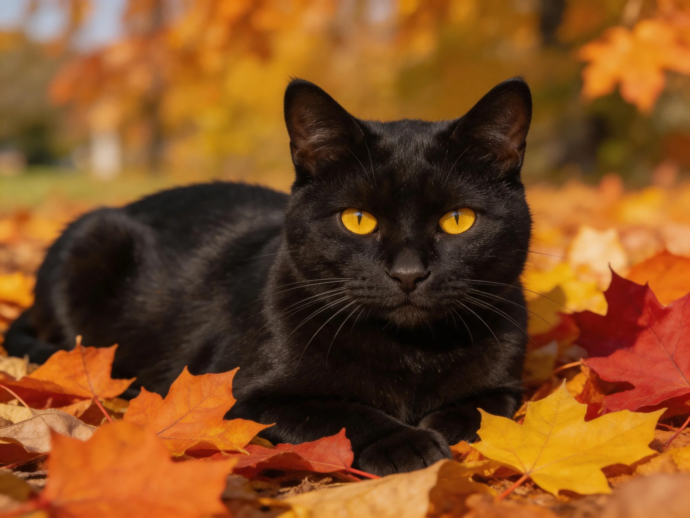A black cat with yellow eyes rests among autumn leaves.