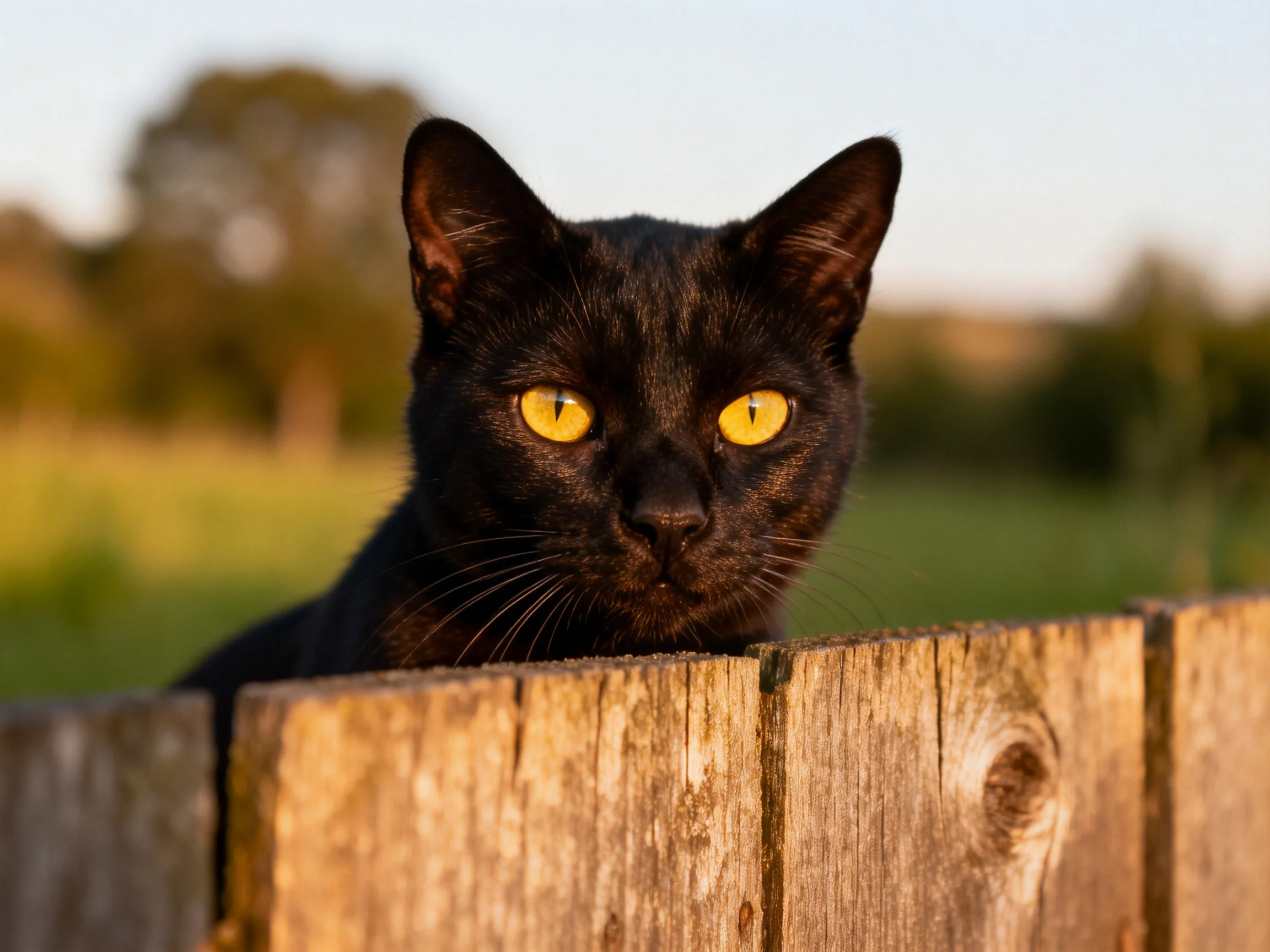 A black cat with yellow eyes peers over a wooden fence in an outdoor setting.