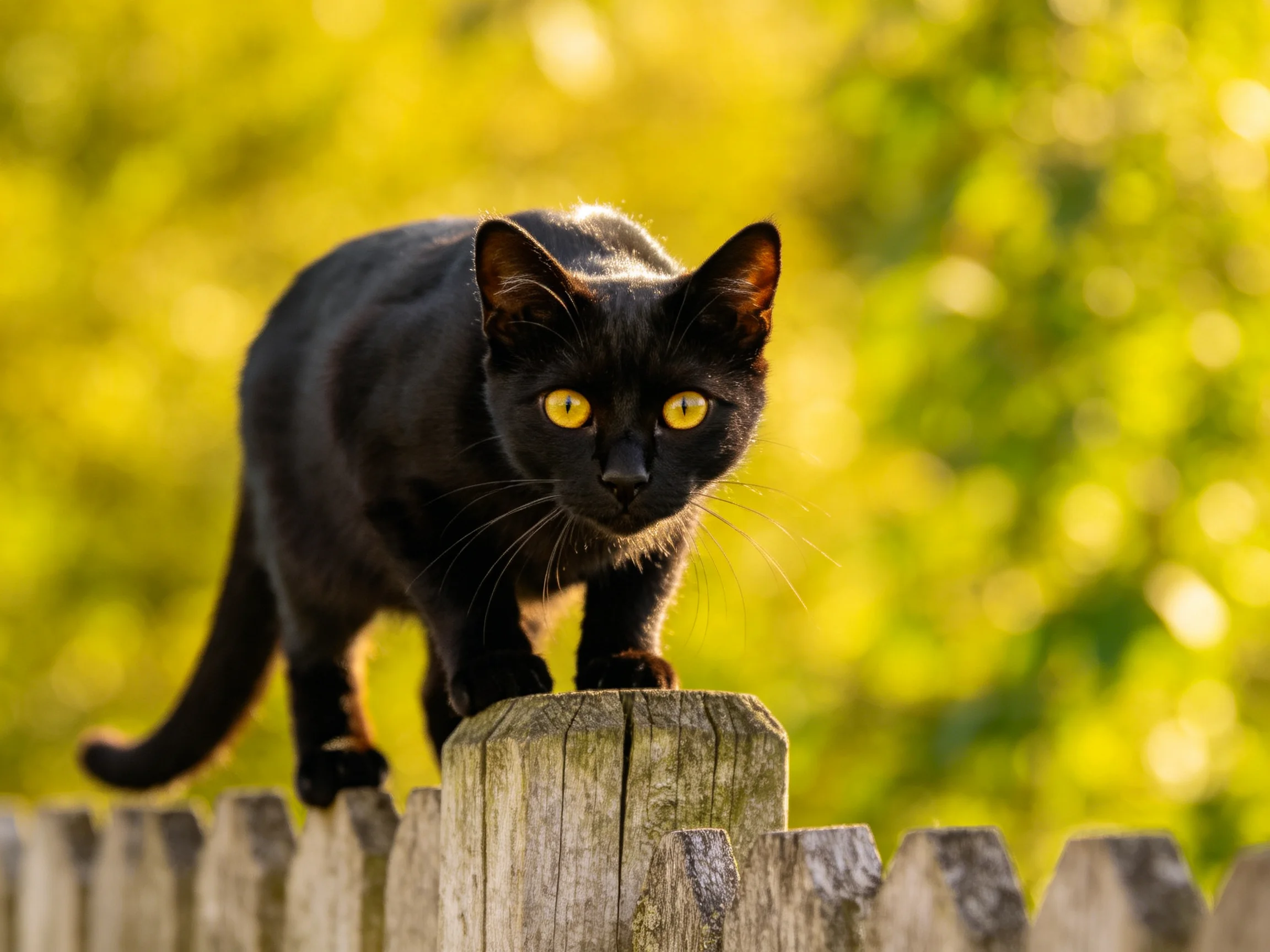 A black cat with bright yellow eyes stands on a weathered wooden fence.