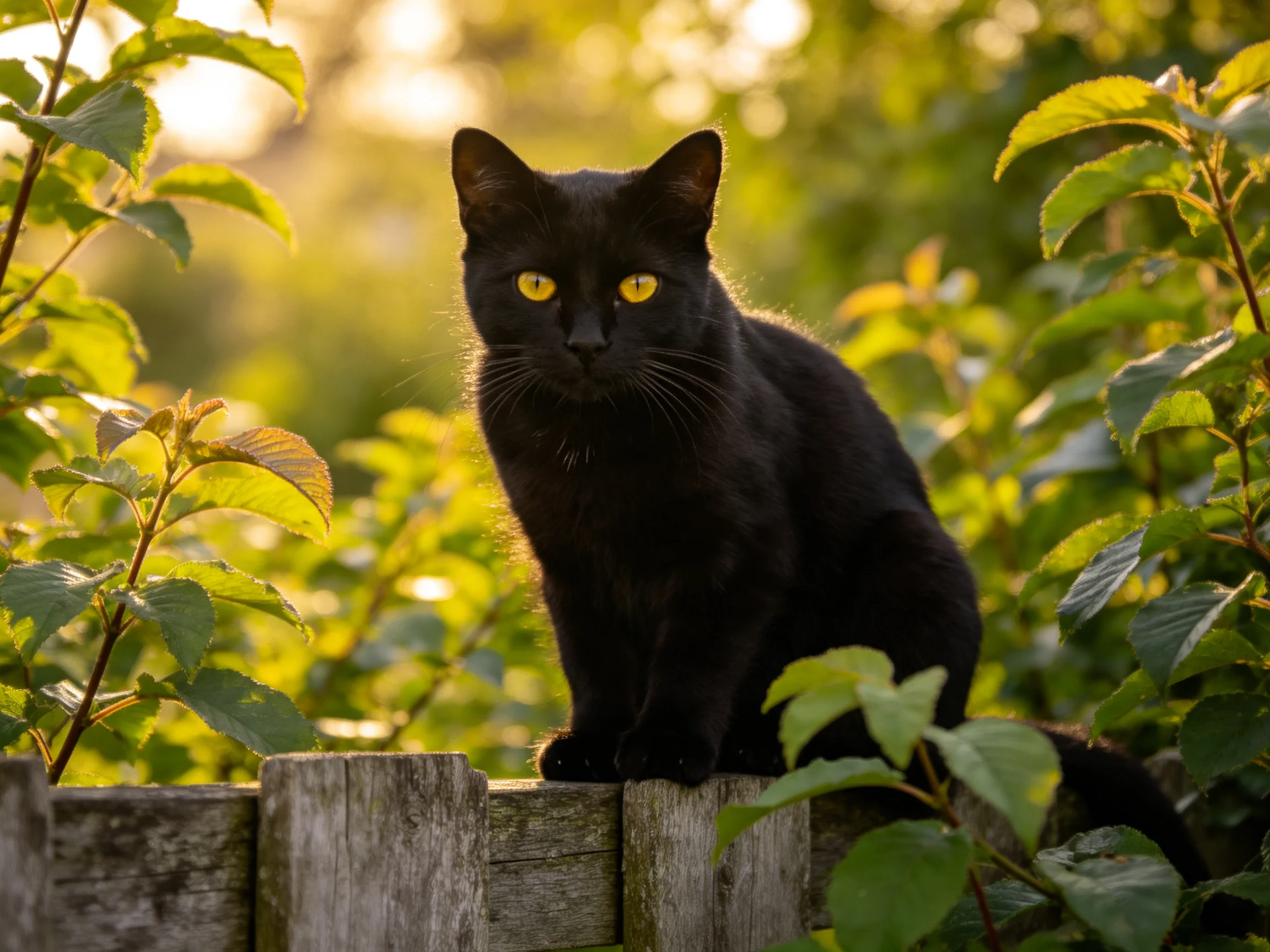 A black cat with yellow eyes sits atop a wooden fence surrounded by lush greenery.