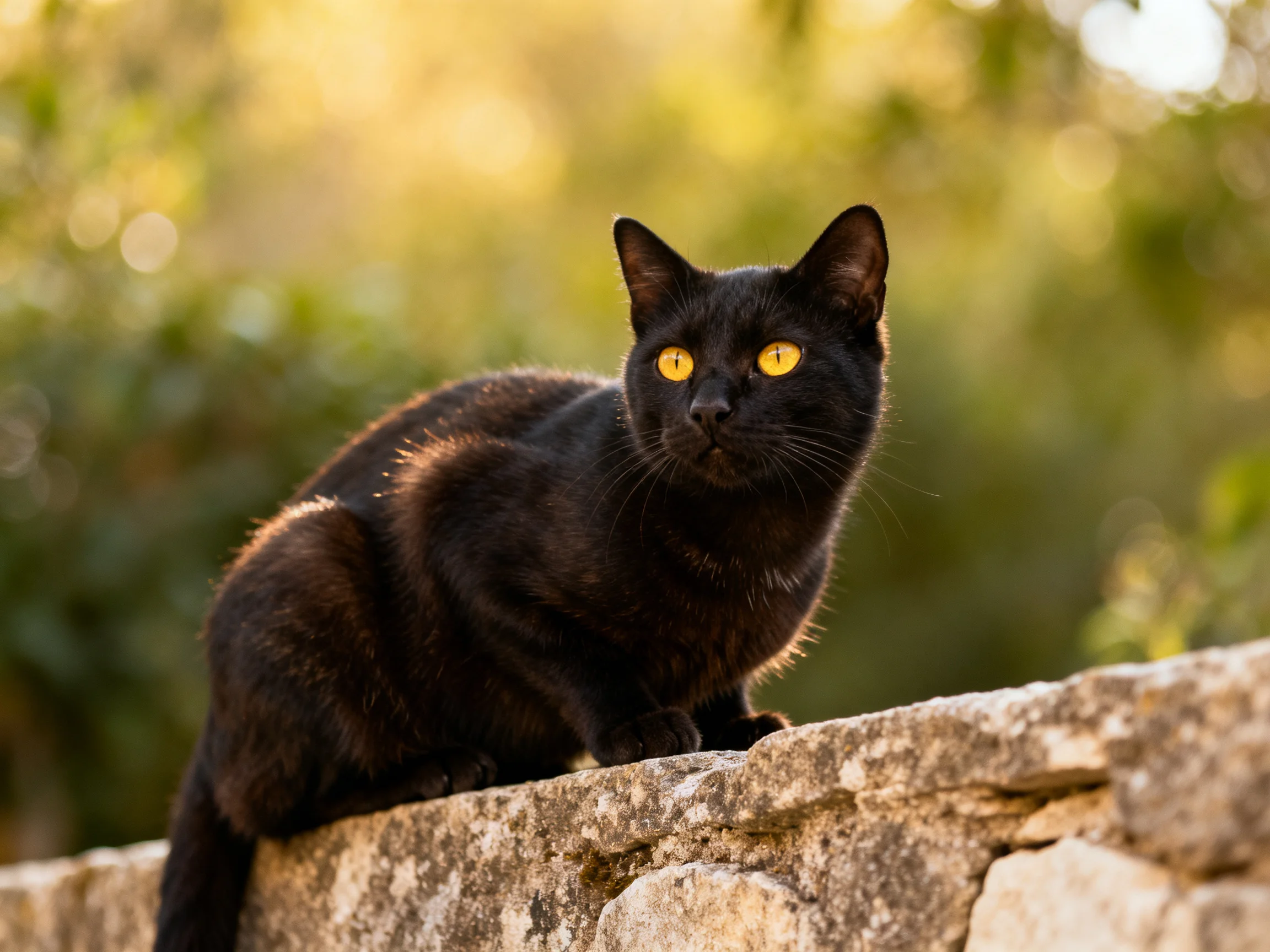 A sleek black cat with bright yellow eyes rests on an old stone wall outside.