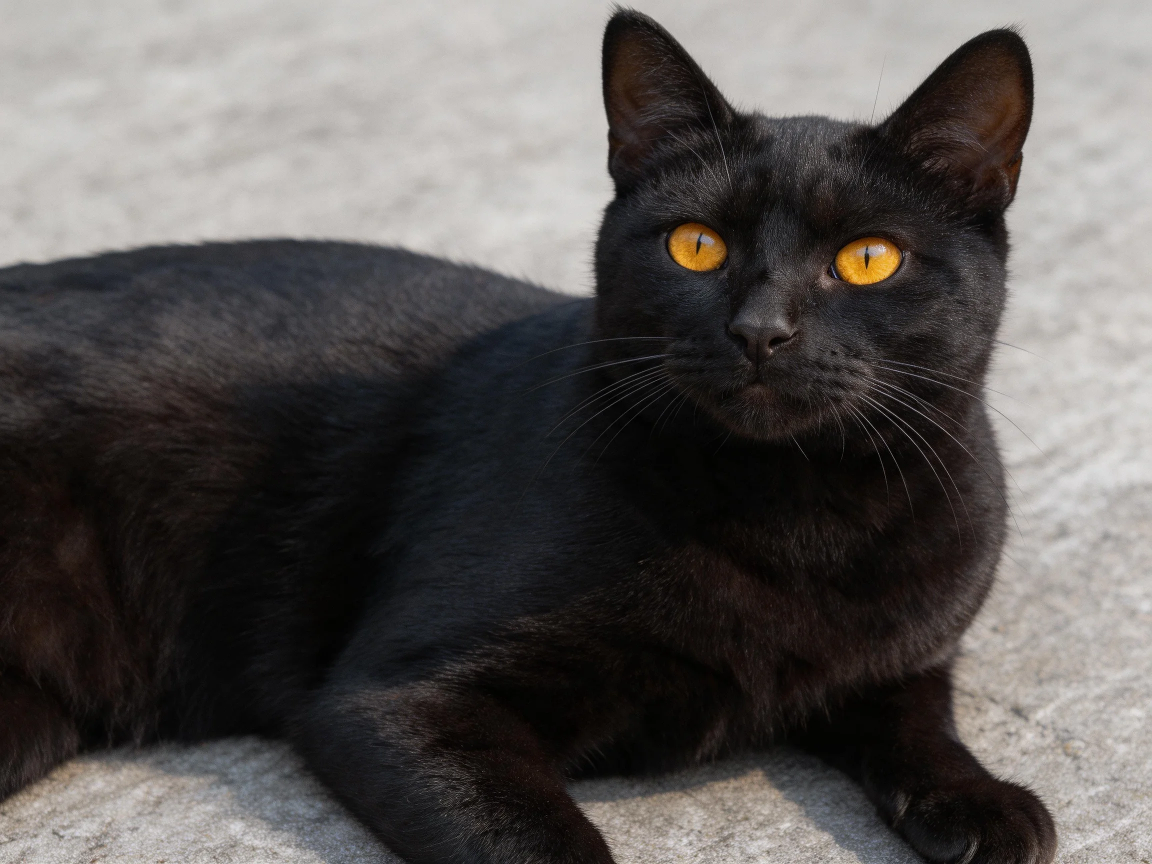 A black cat with yellow eyes rests on a concrete surface.