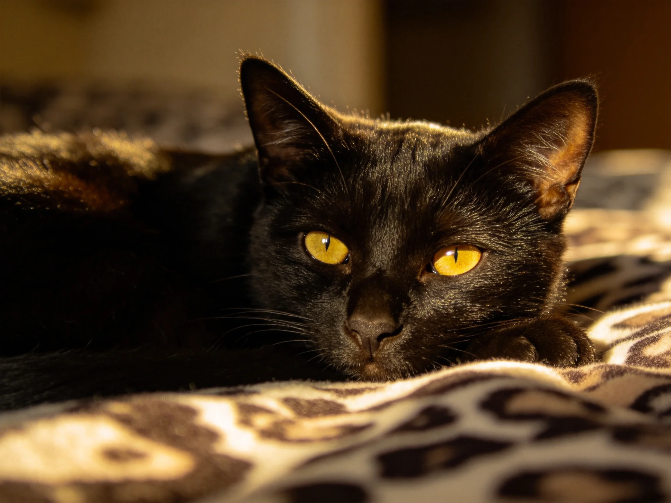 A black cat with vivid yellow eyes lies on a patterned fabric surface.